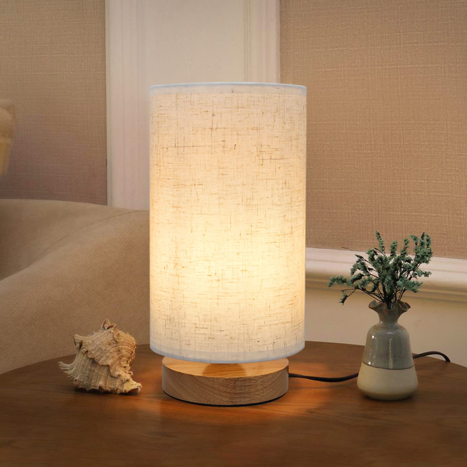 Seensiny Small Bedside Night Table Lamp For Bedroom, Minimalist Nightstand Lamp With Round Fabric Linen Shade, Study Reading Desk Lamp For Kids Room, Living Room, College Dorm, Home, Office