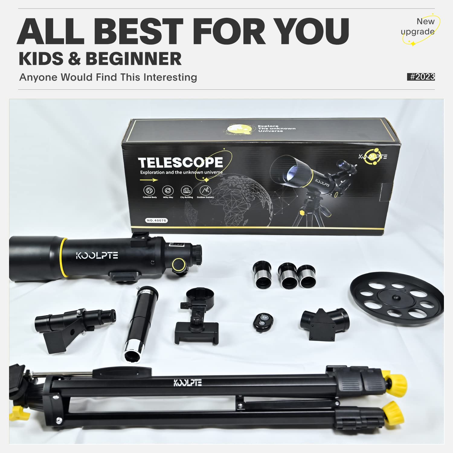 Koolpte Telescope, 70Mm Aperture 400Mm Az Mount Astronomical Refracting Telescopes (20X-200X) For Kids & Adults, Portable Travel With Tripod Phone Adapter, Remote Control, Easy To Use, Black
