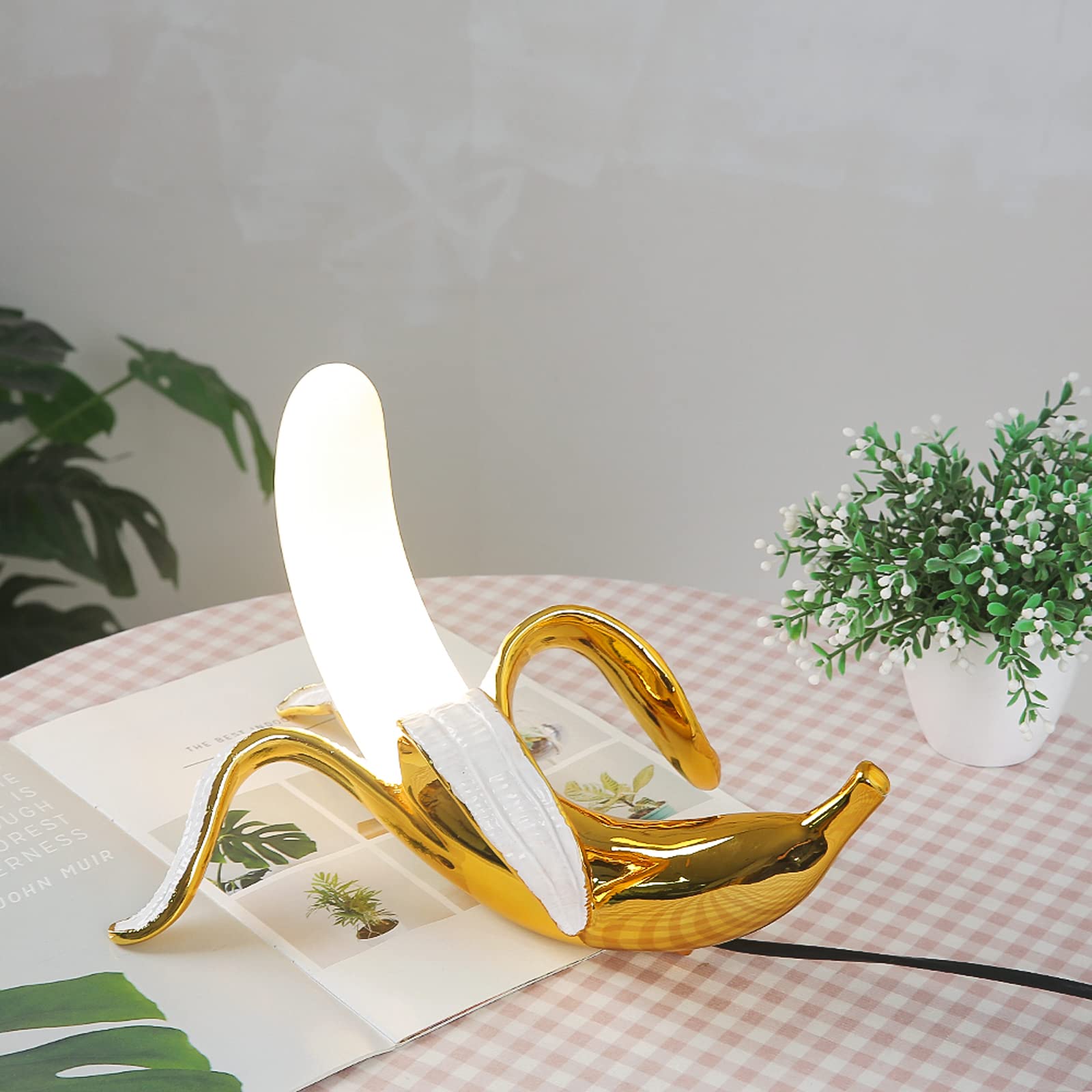 Lazhug Modern Plated Resin Banana Table Lamp Light Novelty Plug In Led Fruit Night Lights,Funky Banana Lamp For Office Decorations Bedroom Atmosphere Lamp (Lying Banana Lamp)