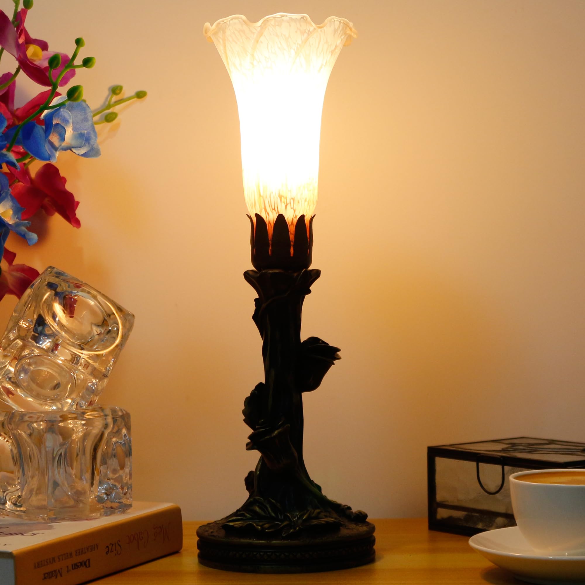 Anyonglu Lily Lamp Tiffany Style Torchiere Table Lamp 13.5 Inch Tall Tulip Flower Accent Desk Lamp With Bronzed Resin Base (1-Light/Orange)