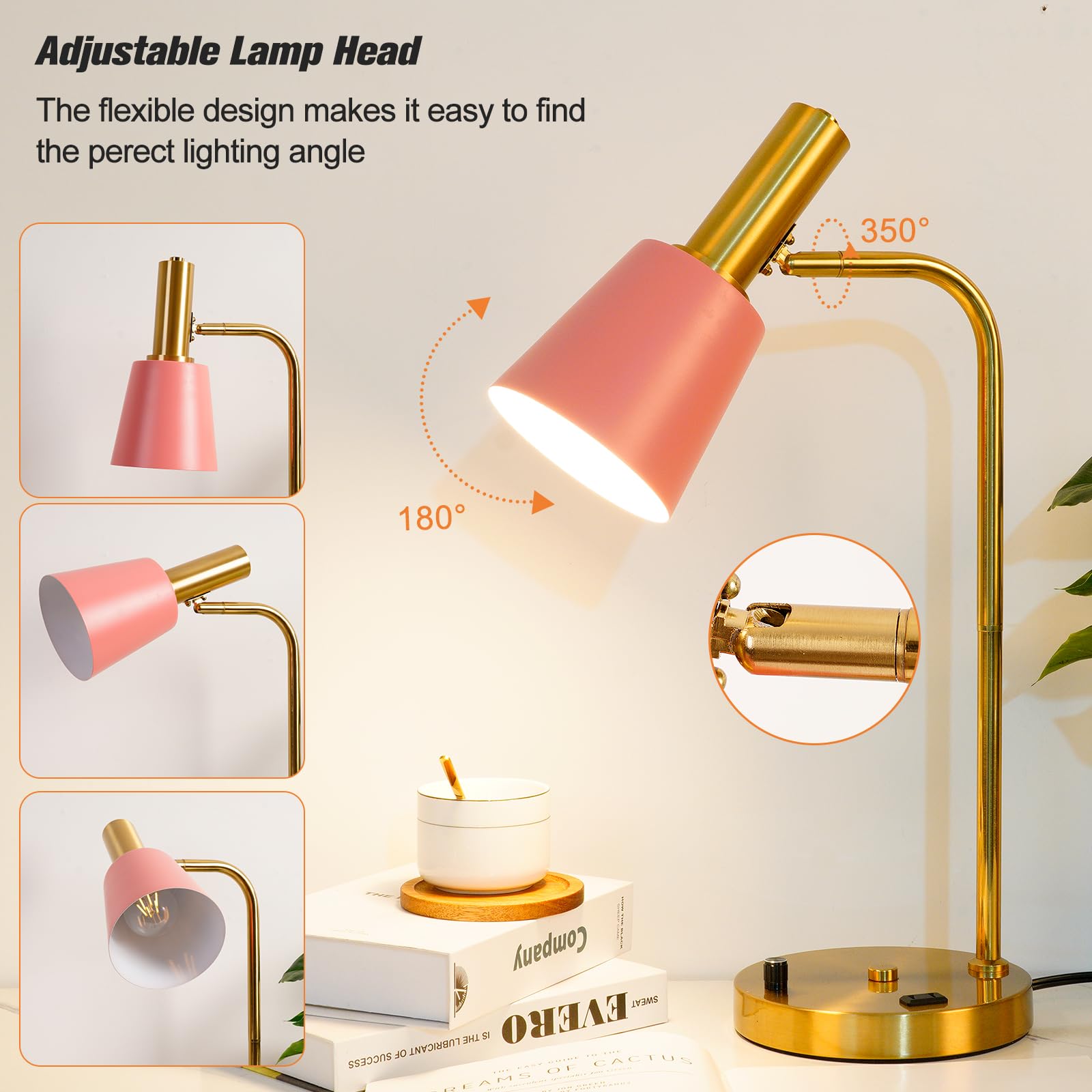 Beaysyty Pink Bedroom Lamp For Nightstand, Dimmable Bulb Table Lamp With Usb C And A Ports, Bedside Light With Ac Outlet For Kids Girls, Desk Lamp With Brass Metal Base