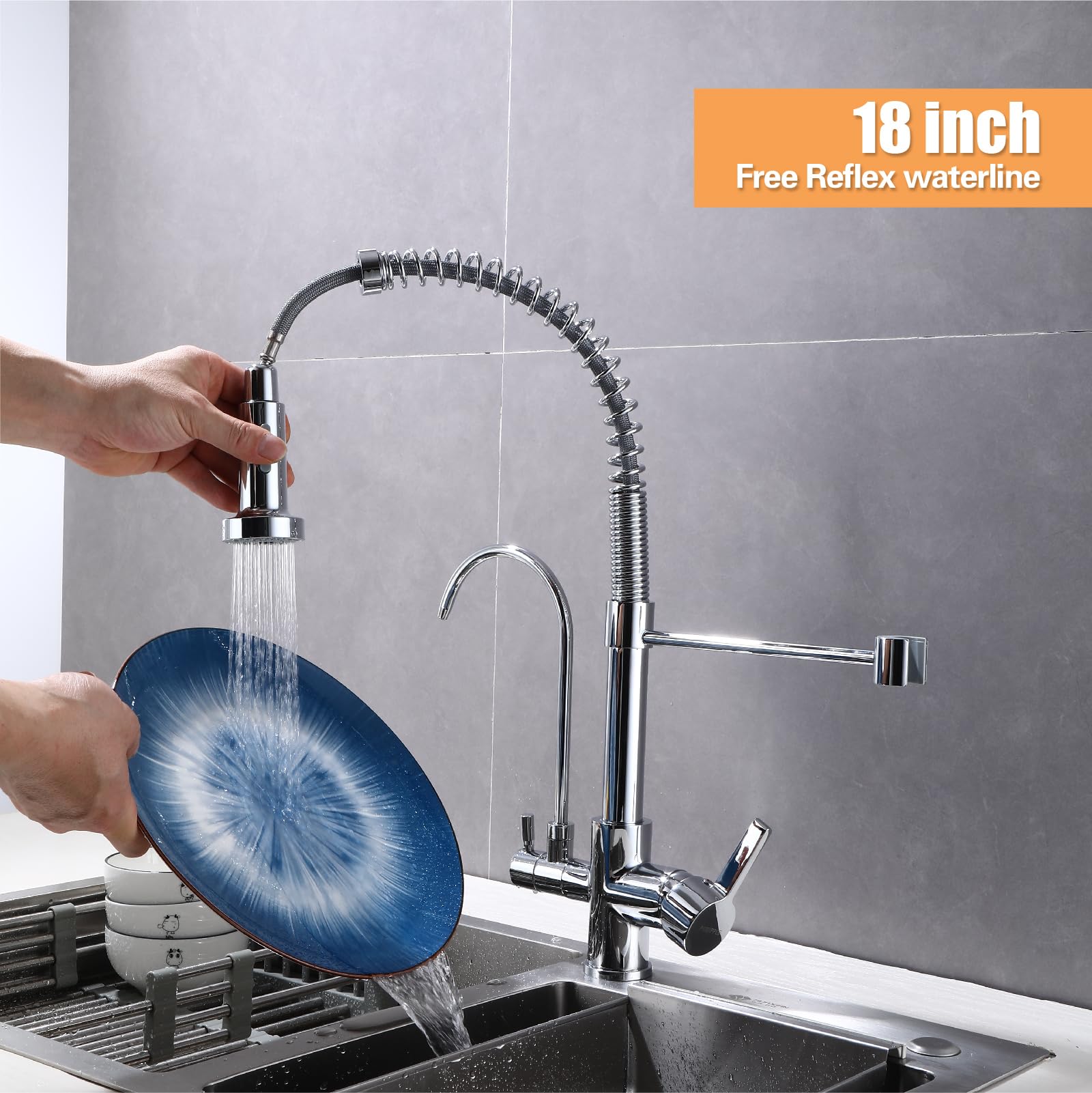 Piiripple Kitchen Sink Faucet With Sprayer 2 Handle 3 In 1 Water Filter Purifier Spring Drinking Water Faucets, Brass Drinking Water Faucet Reverse Osmosis Faucet,Chrome, Js00001C