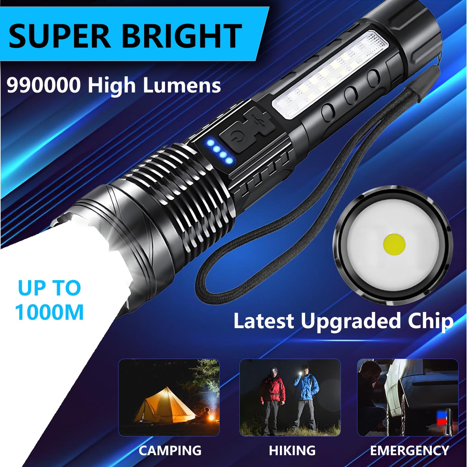 Queena Rechargeable Led Flashlights, 990,000 Lumens Super Bright Flash Light, 7 Modes With Cob Work Light, Ipx6 Waterproof, Adjustable Tactical Powerful Handheld Flash Light For Home,Camping And Emergencies