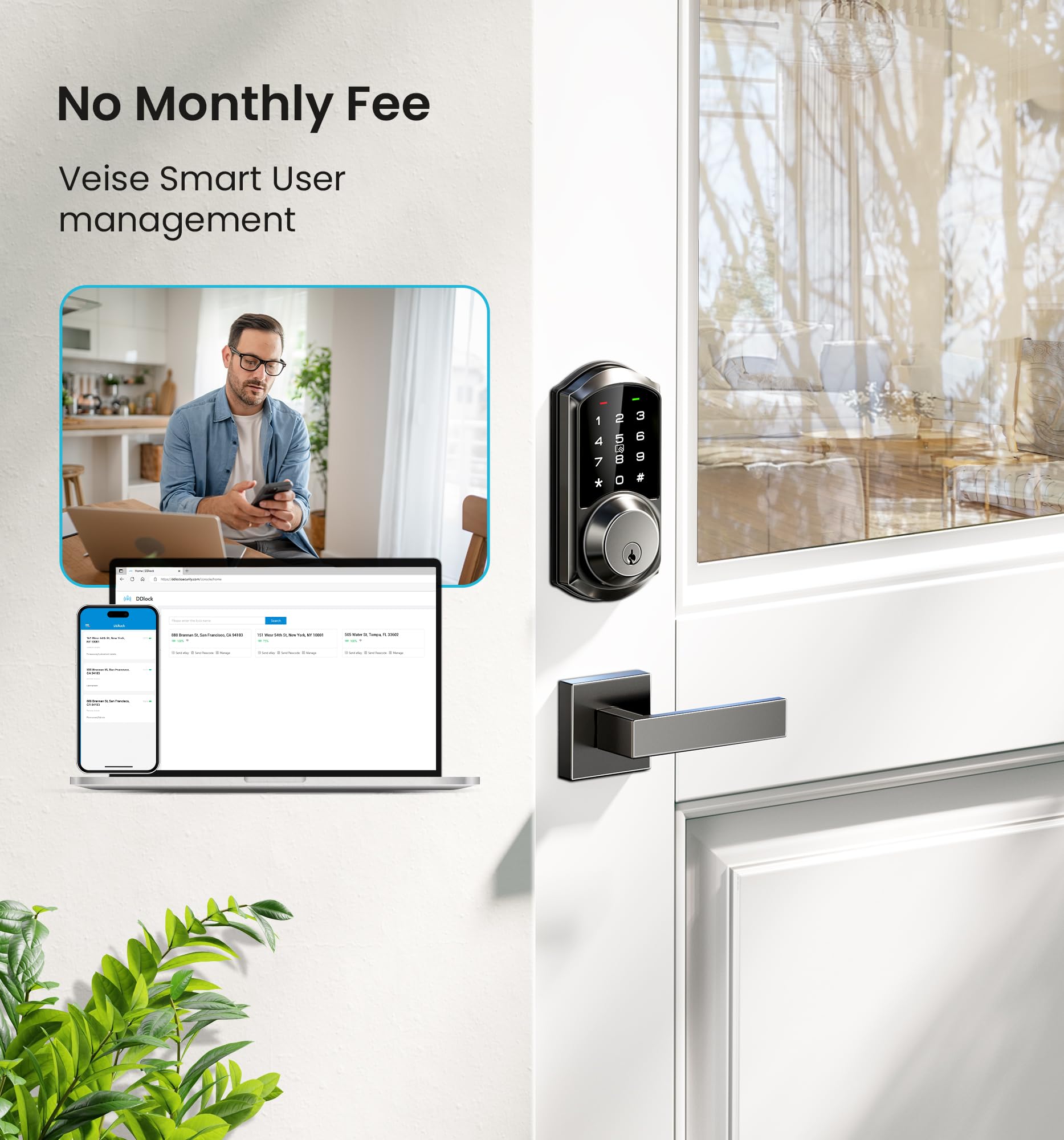 Veise Ve06-L Smart Locks With 2 Lever Handle Set, App Control, Keyless Entry Deadbolt For Front Door, Electronic Digital Touchscreen Keypad, Auto Lock, Waterproof, Easy Installation, Matte Black