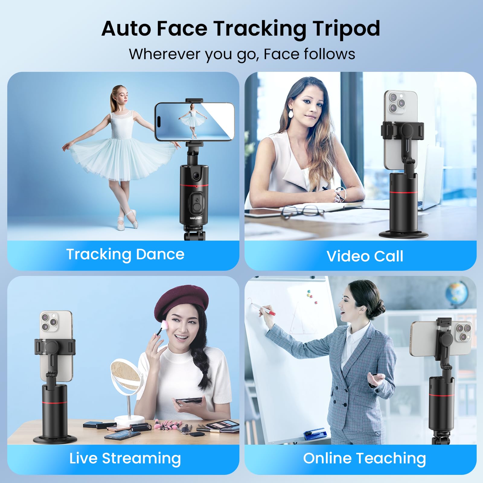 Mapleparty Auto Face Tracking Phone Holder, 360°Rotation Motion Sensor Track Moving Tripod For Iphone With Remote, No App,Gesture Control, Smart Face Body Phone Mount For Live Vlog Streaming Video,Black
