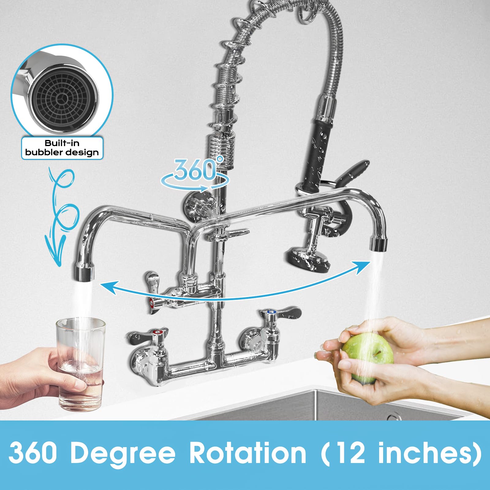 Netisr Commercial Faucet With Sprayer, Brass Chrome Wall Mount Restaurant Kitchen Sink Faucet 25" Height 8" Center With Coilded Spring Pull Down Pre Rinse Sprayer, 12" Spout And 18" Hose (25 Inches)