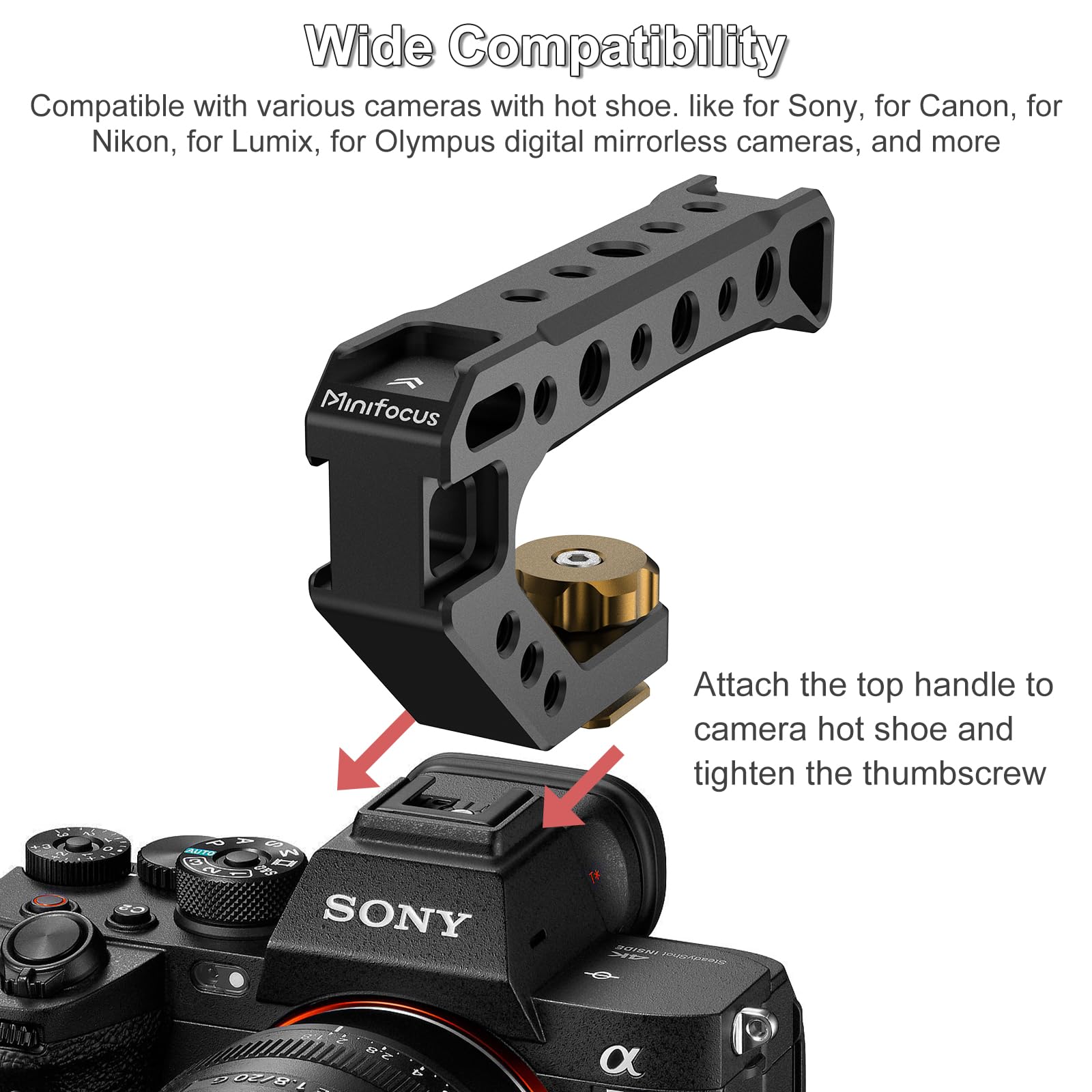Minifocus Top Handle With Cold Shoe Mount, Lightweight Handle Grip For Camera Cage, Universal Camera Top Handgrip With 4 Cold Shoe And 1/4" & 3/8" Holes For Camera Cage, Microphone, Led Light, Monitor