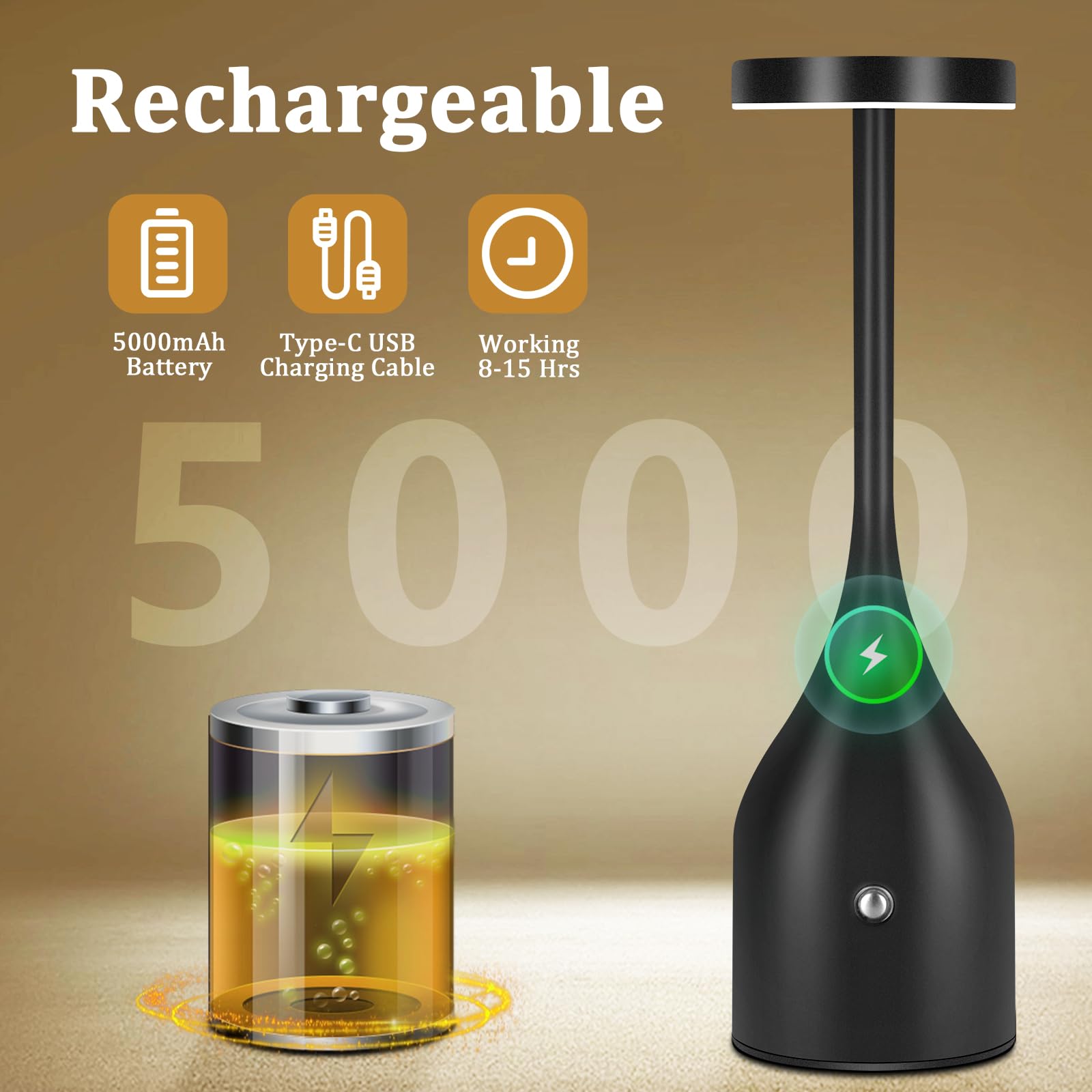 Fenfud Cordless Table Lamp Rechargeable - 5000Mah Battery Operated Led Table Light, Wireless Portable Table Light Waterproof For Outdoor Patio Restaurant Dining Dinner Home, Black 2 Pack