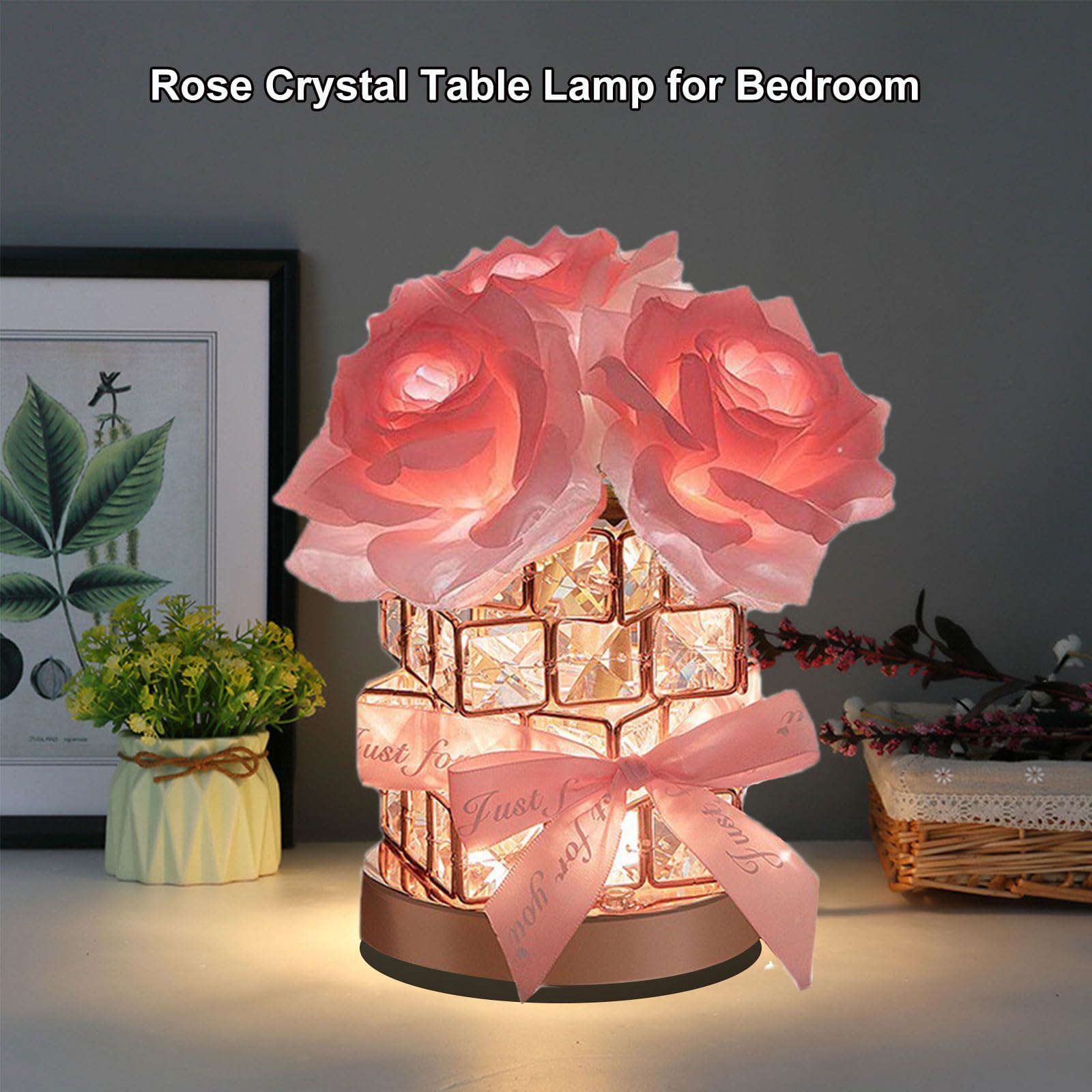 Lhydaooq Crystal Table Lamp, Rechargeable Cordless Rose Light 3 Colors Dimmable Flower Lamp, Romantic Led Rose Diamond Lamp For Bedroom Living Pink Room Decor, Valentine Birthday For Her