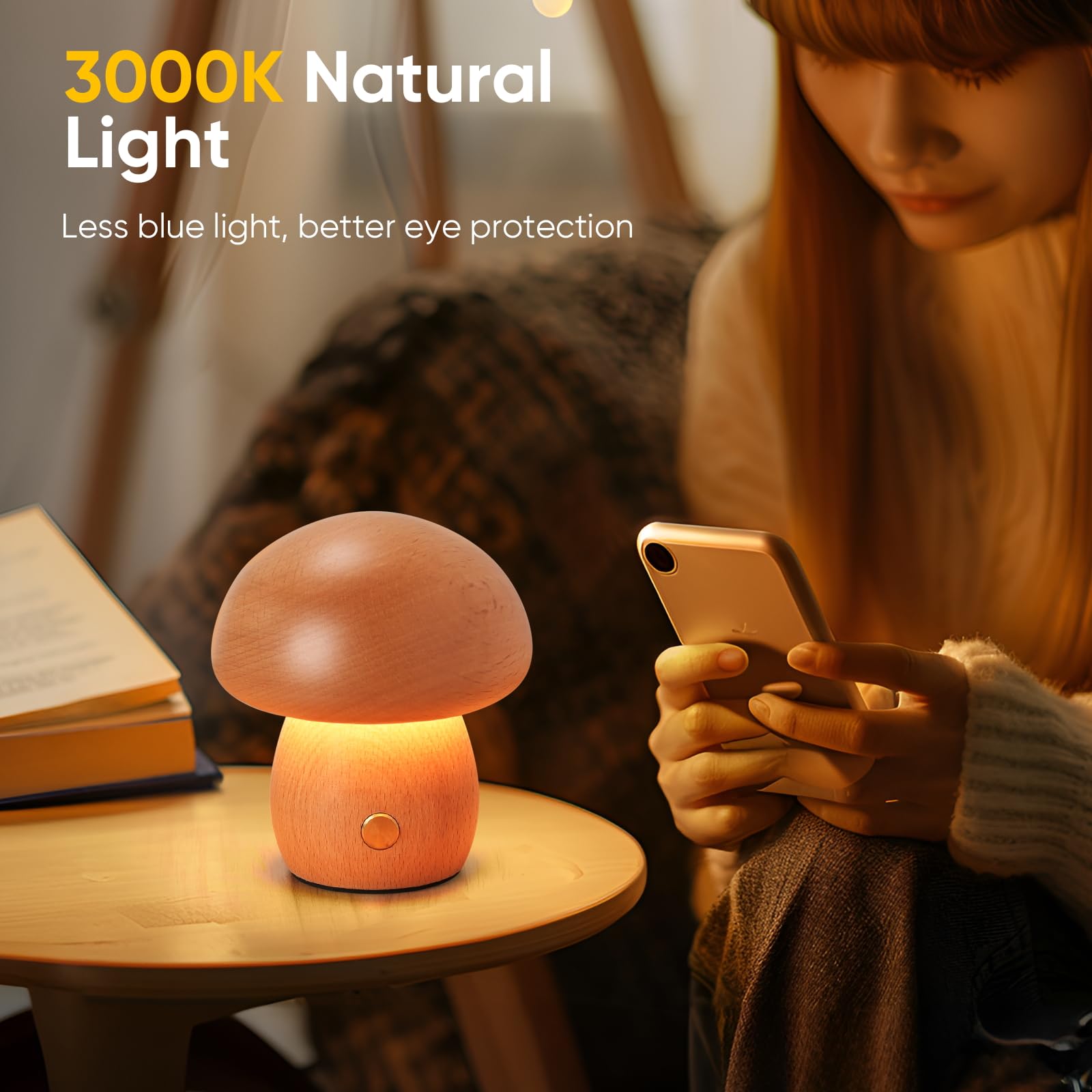 Yieonshion Led Creative Wooden Mushroom Lamp Desk Lamp, Creative Home Decoration Bedroom Bedside Night Light Dimmable, Unique And Minimalist For Girls