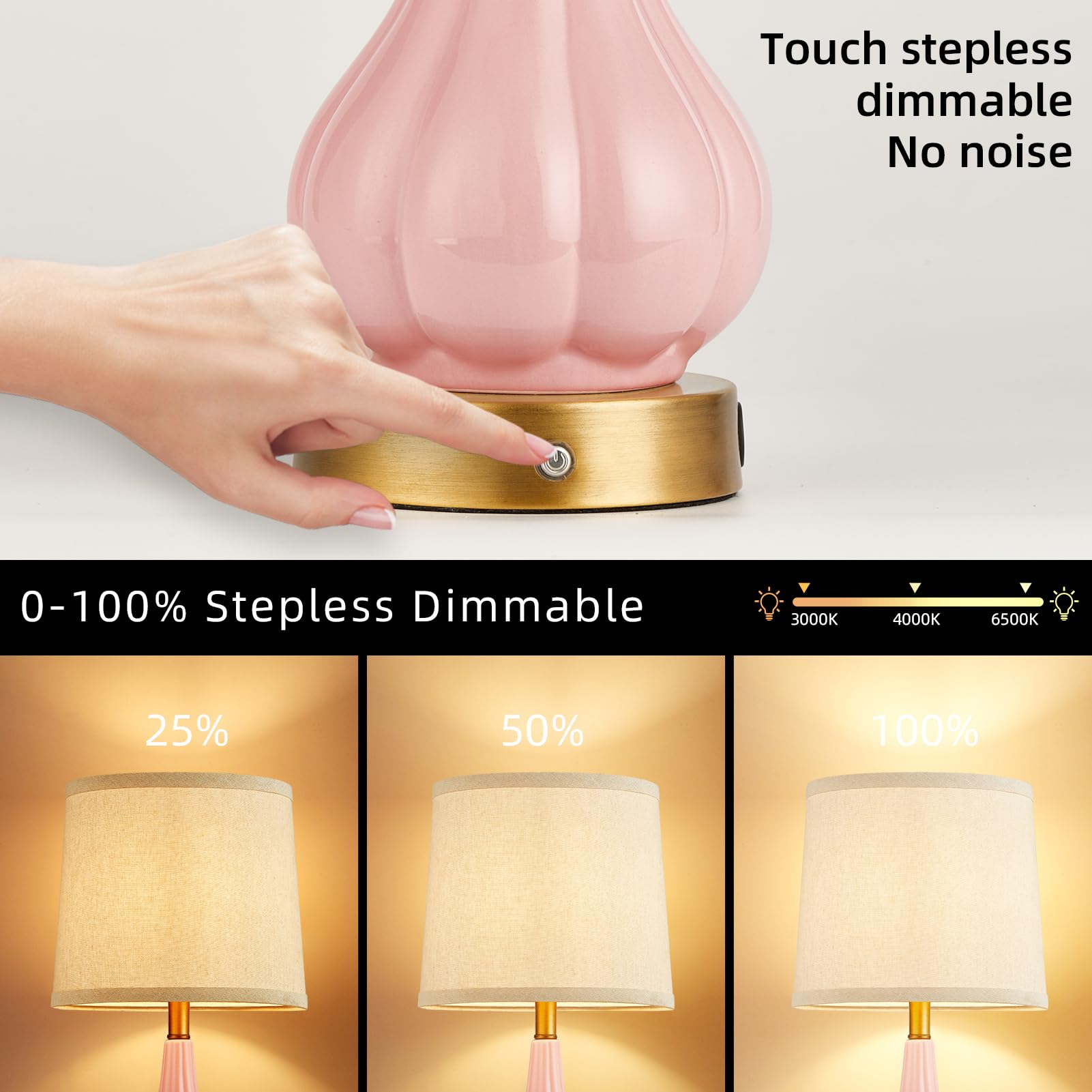 Roriano 2 Pack Cordless Portable Table Lamp, 5000Mah Rechargeable Battery Operated Lamps, Touch Control Stepless Dimmable Night Light Table Lamps For Dining Room, Bedroom, Bedside, Restaurant (Pink)