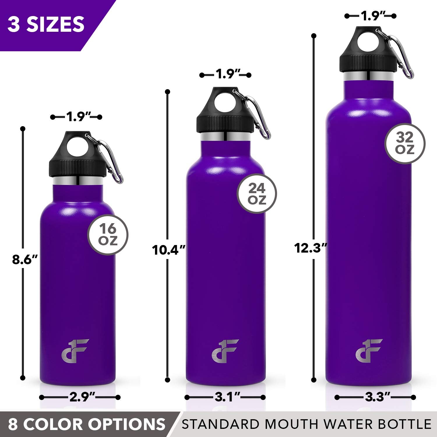 Day 1 Fitness Stainless Steel Water Bottle Standard Mouth, Carabiner Clip (16, 24, Or 32Oz) 3 Size