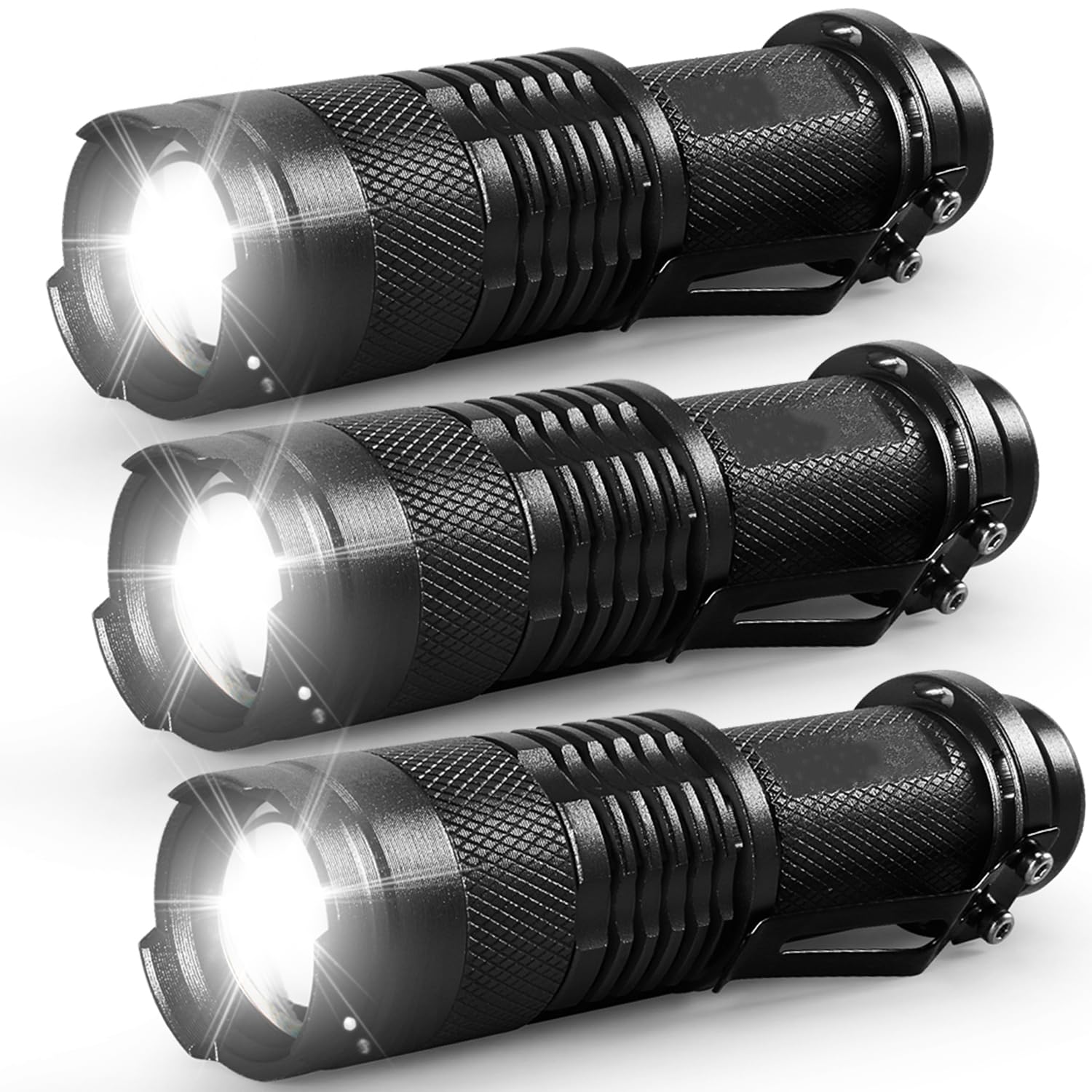 Mviocs 3 Pack Mini Flashlights, Bright Led Flashlight With Clip,3 Modes, Zoomable Compact Powerful Emergency Flashlights - Drop Resistant And Water Resistant