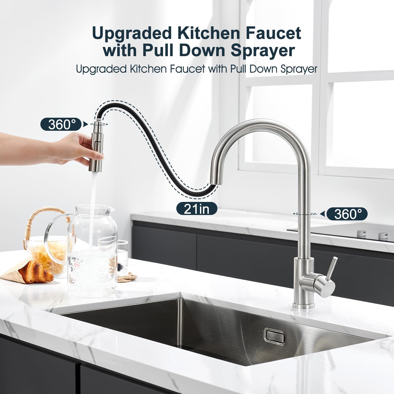 Vakitap Single Handle High Arc Brushed Nickel Pull Out Kitchen Faucet,Single Level Stainless Steel Kitchen Sink Faucets With Pull Down Sprayer, Suitable For Laundry Rv Bar (Brushed Nickel)