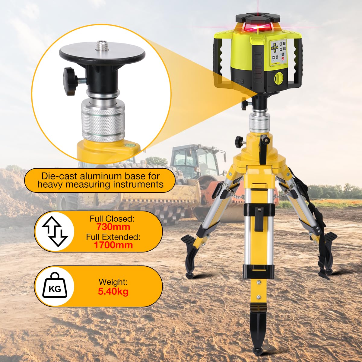 Moeter Elevator Tripod, Heavy-Duty Survey Tripod With 5/8"-11 Thread – Adjustable Height 27-66 Inches, With Non-Skid Feet & Shoulder Strap For Laser Level Construction Surveying