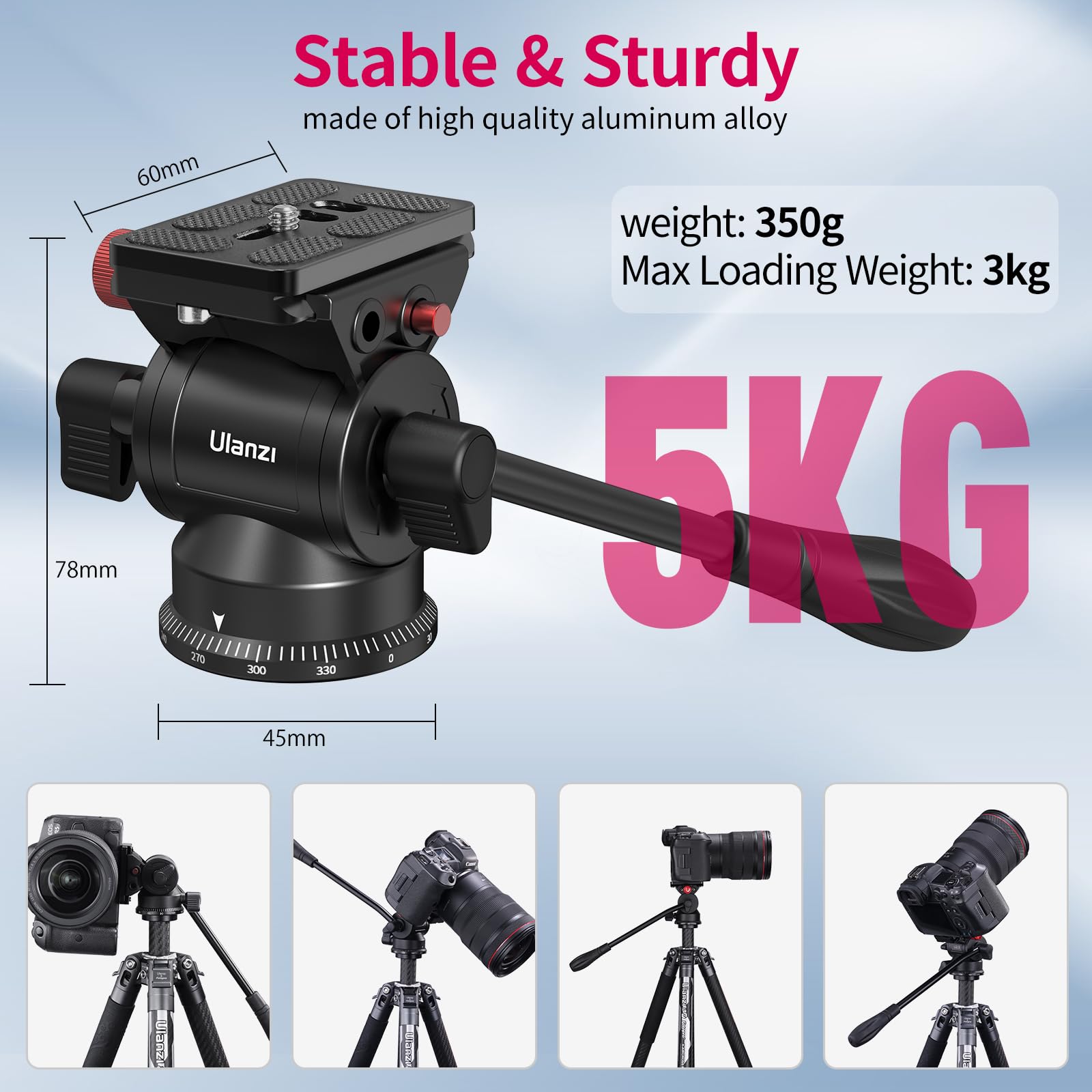 Ulanzi U210 Tripod Fluid Head, Mini Pan Tilt Head W Handle,Built-In 1/4'' & 3/8'' Adapter, Panoramic Ball Head W Arca Swiss Quick Release Plate Lightweight For Compact Camera Load Up To 11.02 Lb/5Kg