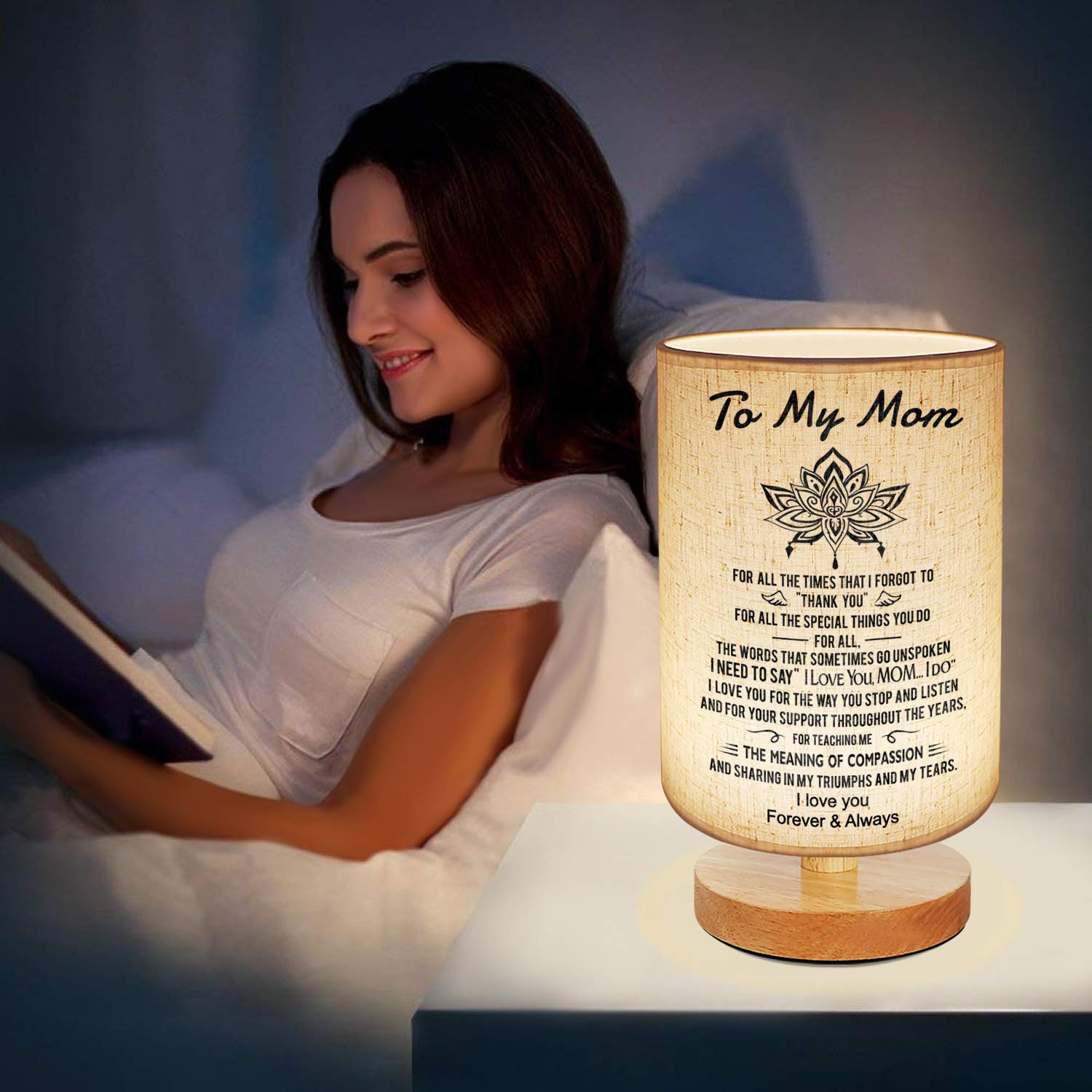 Kenon To My Mom Mother Day Birthday - Engraved Table Lamp, Dimmable Bedside Nightstand Lamp, Fabric Desk Lamp Shade Simple Night Light For Bedroom Living Room Office - Best Anniversary Christmas