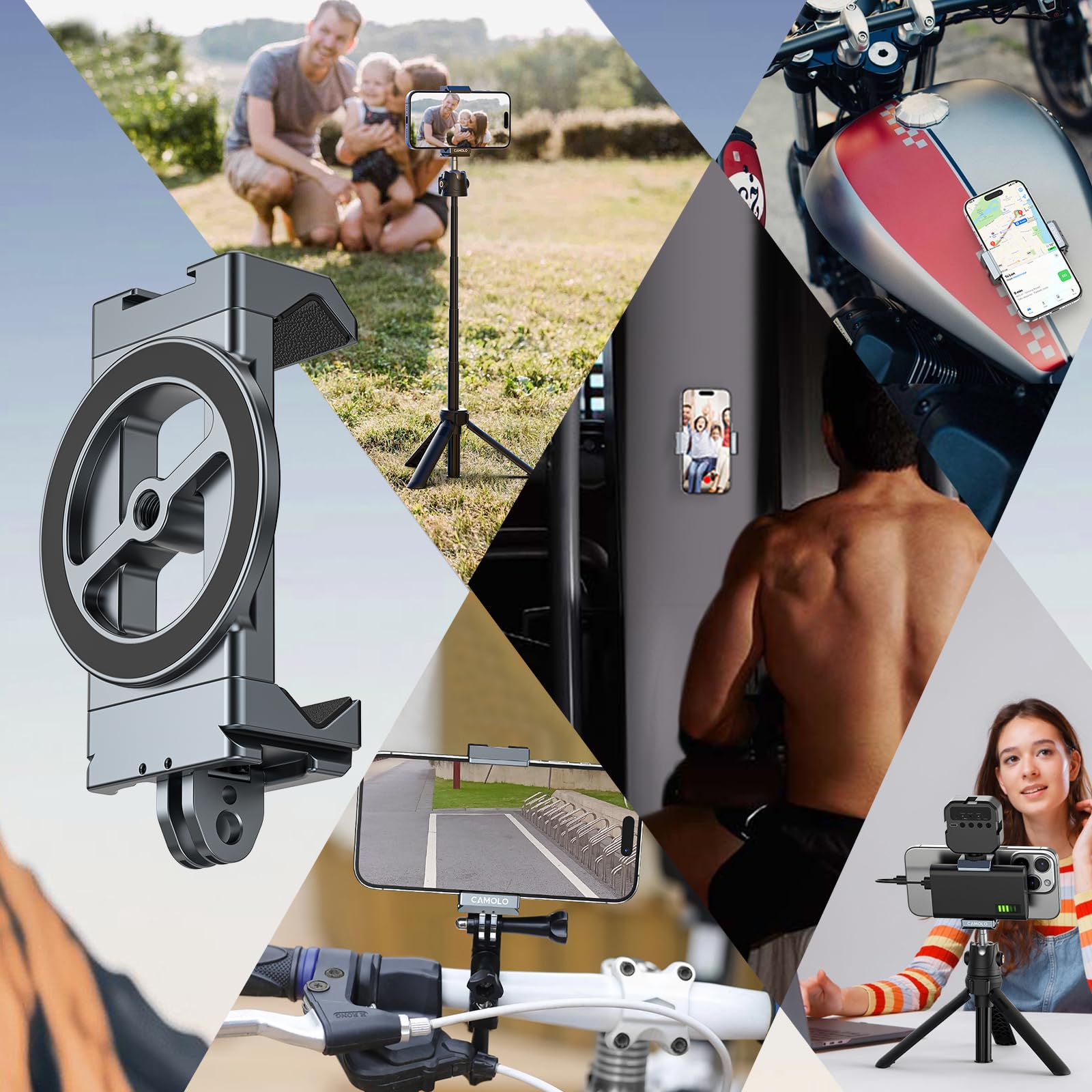 Camolo Geek Metal Phone Tripod Mount With Arca Port & Magnetic 1/4"-20 Action Camera Adapter, Adjustable Smartphone Tripod Adapter Clamp Cell Phone Stand Holder Compatible With Iphone 16 Plus Pro Max Gopro