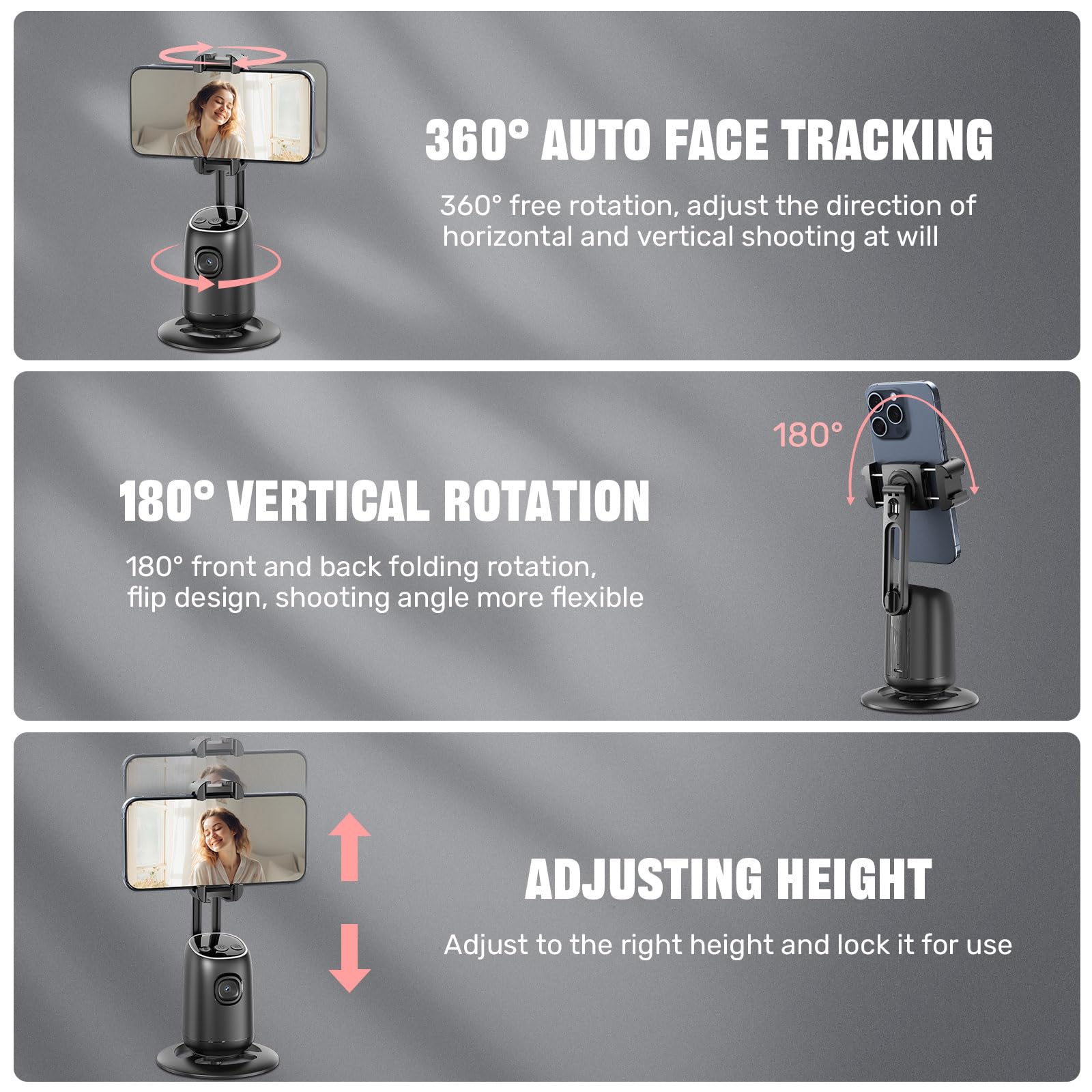 Hefrseyo Auto Face Tracking Tripod,360°Rotation Tracking Phone Stand,Phone Camera Stand With Remote,Colorful Light And Gesture Control,Rechargeable Smart Shooting Stand For Live Video Recording,Facetime,No App