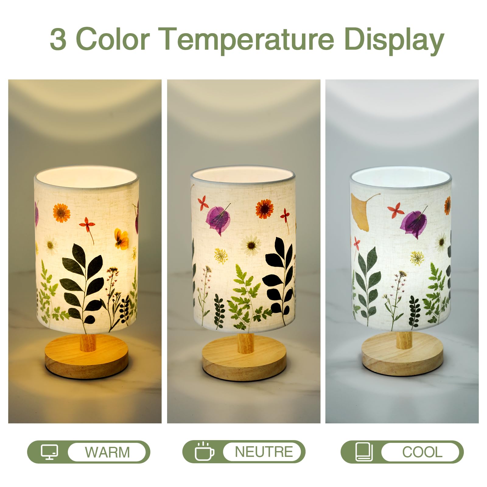 Floresita Pressed Flowers Table Lamp 5W Led 3Color Temperatures Dried Flower Bedside Lamp Linen Shade With Wood Base For Bedroom Living Room Desk Office