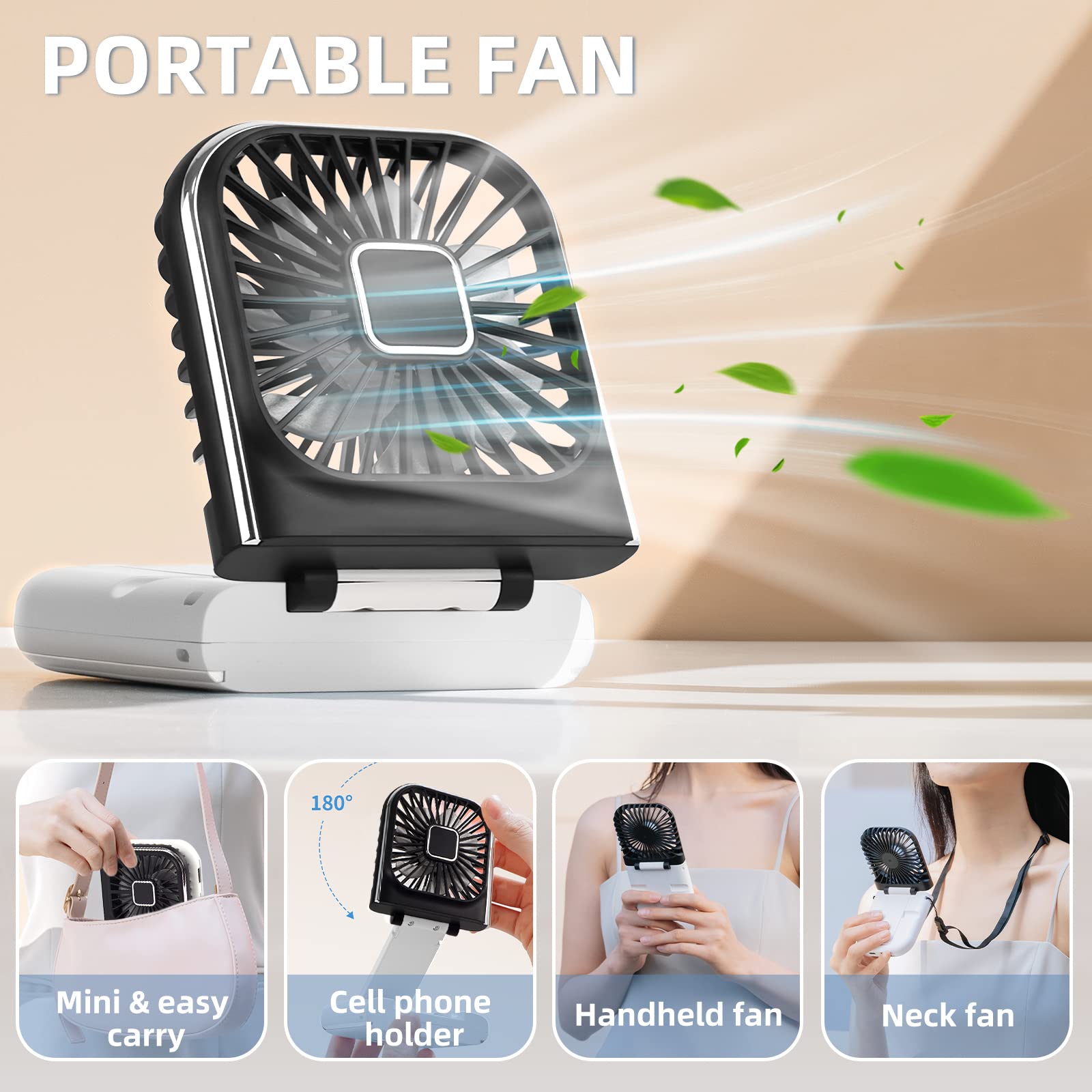 Mini Portable Rechargeable Personal Fan - Hand Held, Desk, Travel & Usb Fan - 3000 Mah, 4 Speed