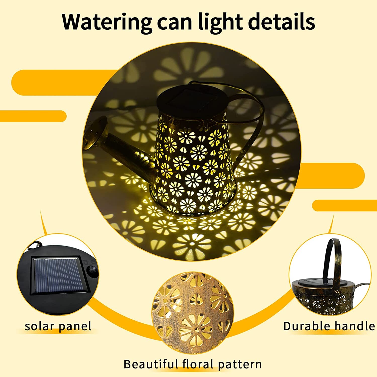 Sitiepa Solar Watering Can With Cascading Lights, Adorable Outdoor Hanging Solar Lantern, Durable Metal Waterproof Garden Lights Cute Addition For Garden Yards Rose Bush Patio Pathway Party