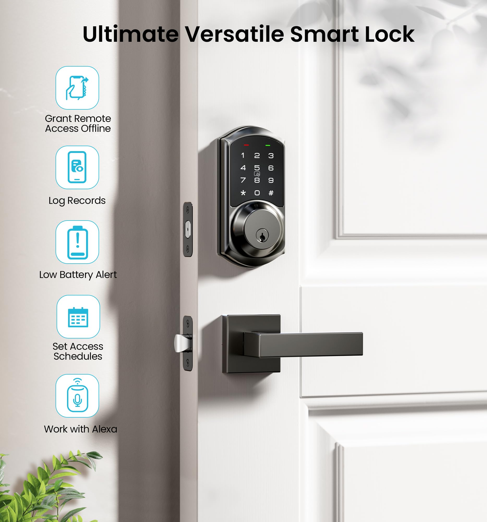 Veise Ve06-L Smart Locks With 2 Lever Handle Set, App Control, Keyless Entry Deadbolt For Front Door, Electronic Digital Touchscreen Keypad, Auto Lock, Waterproof, Easy Installation, Matte Black