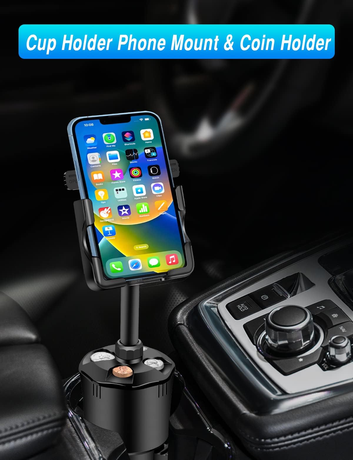 Aoisva Car Cup Holder Phone Mount, Multifunctional Car Cell Phone Holder Coin Holder, Long Arm With 360 Degree Rotation, Compatible Iphone, Samsung & All Smartphones