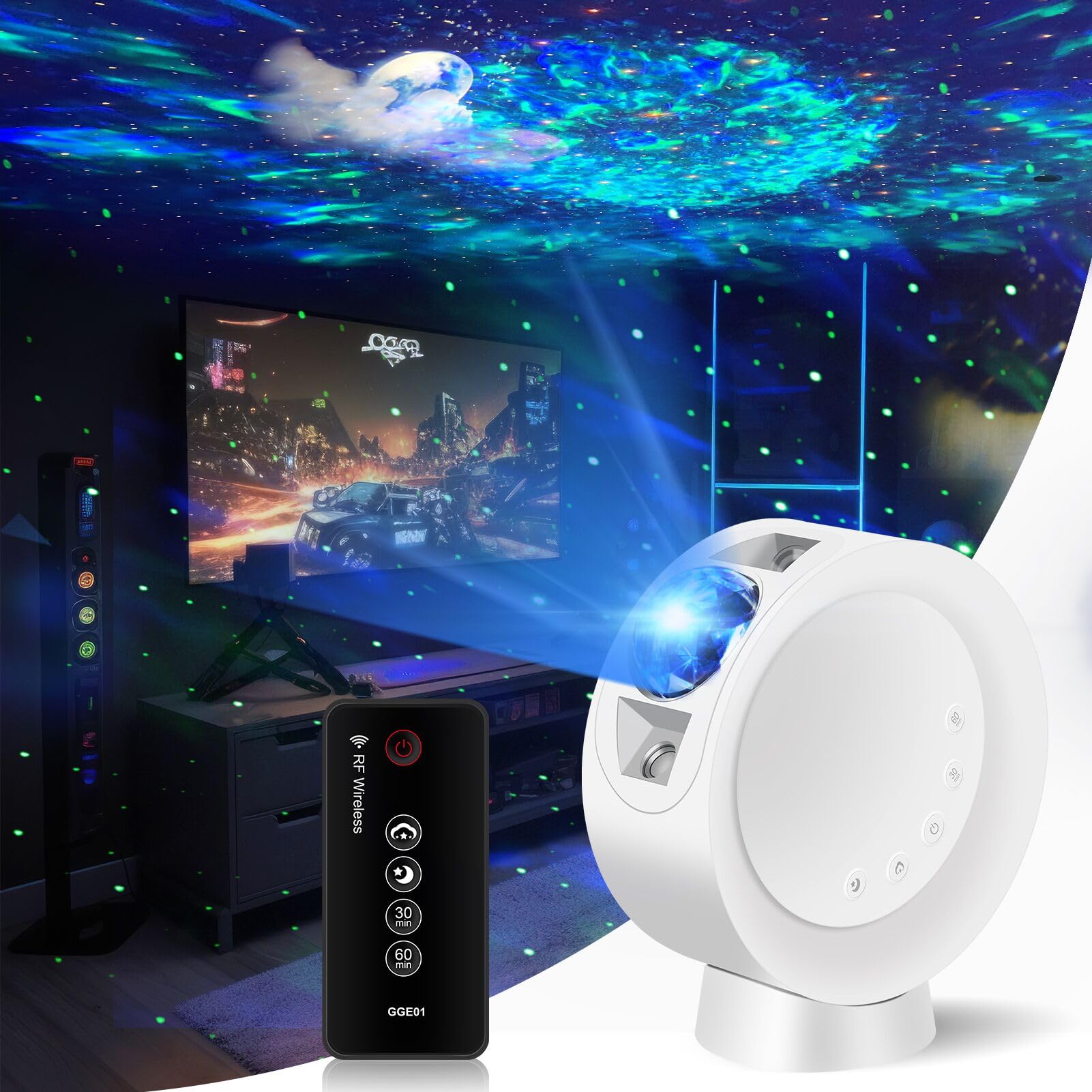 Litenergy Led Sky Projector Light, Galaxy Lighting, Nebula Star Night Lamp With Base And Remote Control For Gaming Room, Home Theater, Bedroom , Or Mood Ambiance (White)