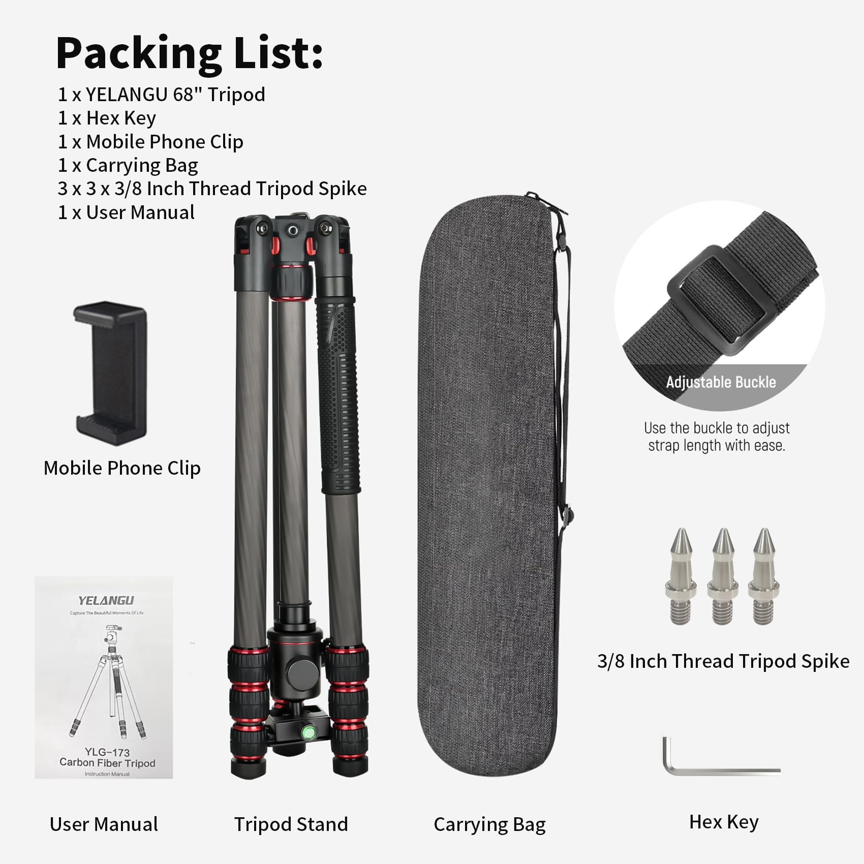 Yelangu Professional 68" Carbon Fiber Tripod For Dslr Camera & Video - Compact Travel Tripod,Heavy-Duty Stand,360° Ball Head, Quick Release Plate & Bag - Ideal For Canon, Nikon,Sony