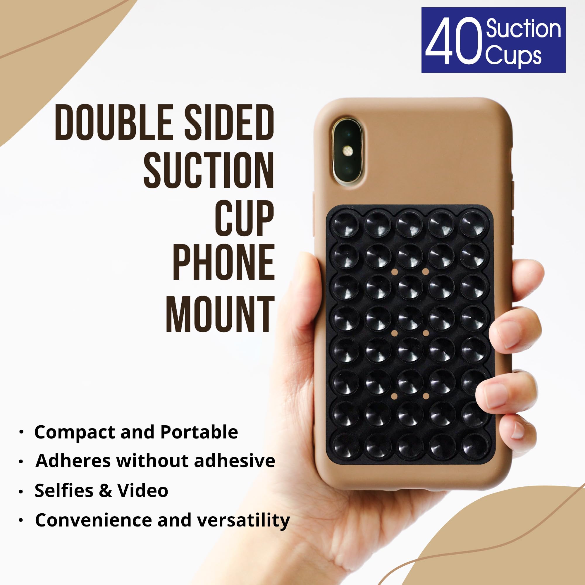 Caturnal Double Sided Silicone Suction Cup Phone Mount Case For Selfies And Videos - Attach To Glass, Mirrors, Kitchen, Bathroom Sticky Grip For Iphone And Android - 3.97 X 2.5 Inches, Black