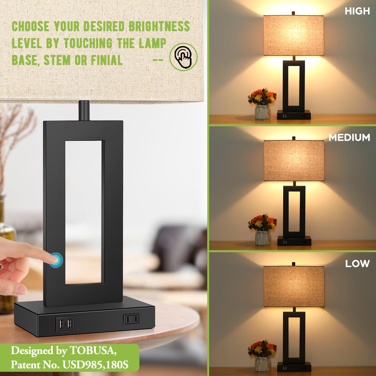 Tobusa Set Of 2 Touch Control Table Lamp With 2 Usb Ports, 3-Way Dimmable Modern Nightstand Lamp Sets Bedside Touch Desk Lamp With Fabric Cream Shade For Bedroom Table Living Room Reading, Included Bulbs