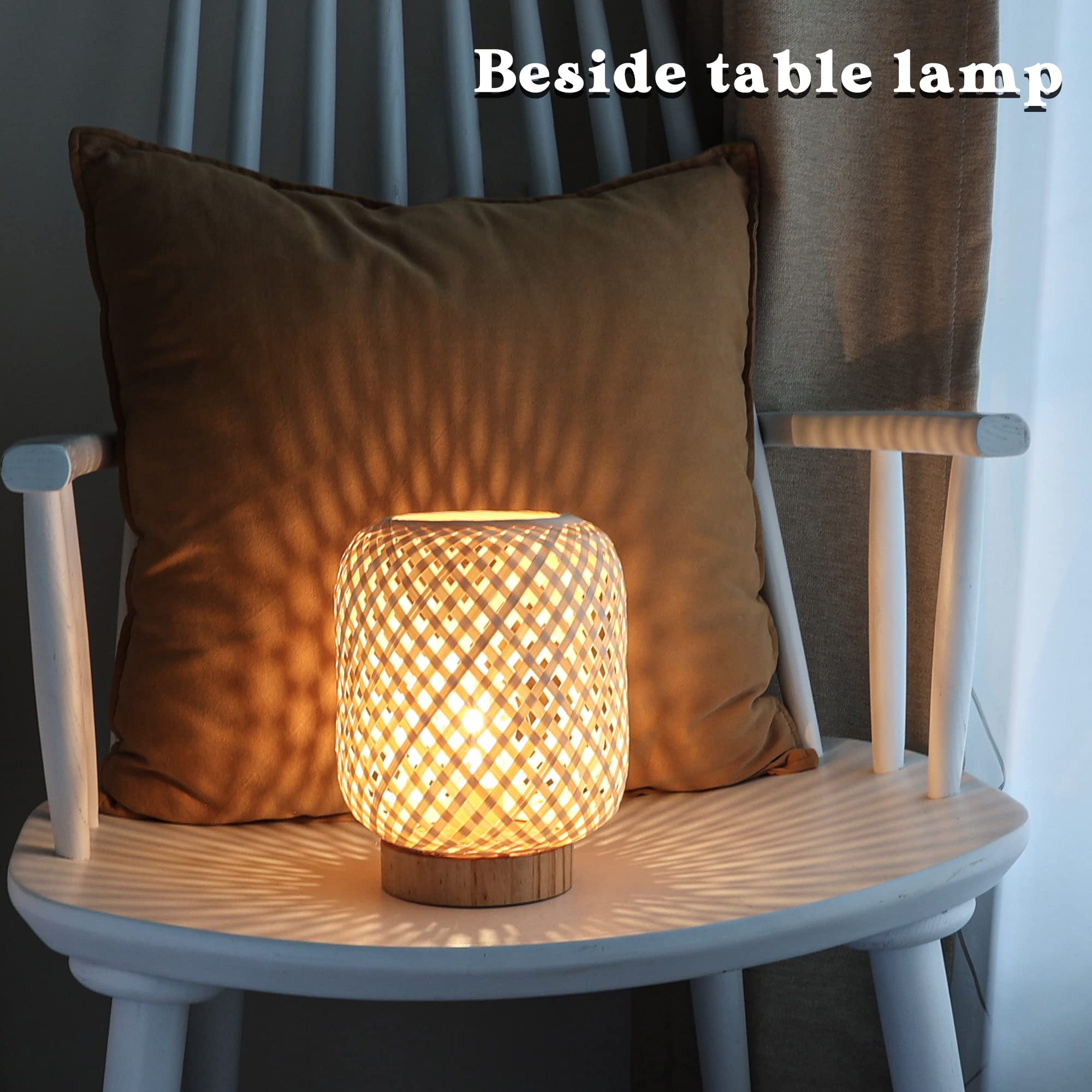 Lusharbor Rattan Lamp, Cordless Boho Lamp Battery Operated, Table Lamp With Led Bulb, Handmade Bamboo Beside Lamp Small Rattan Lamp, Decorative Battery Lamp For Kids Room Entryway - Grid