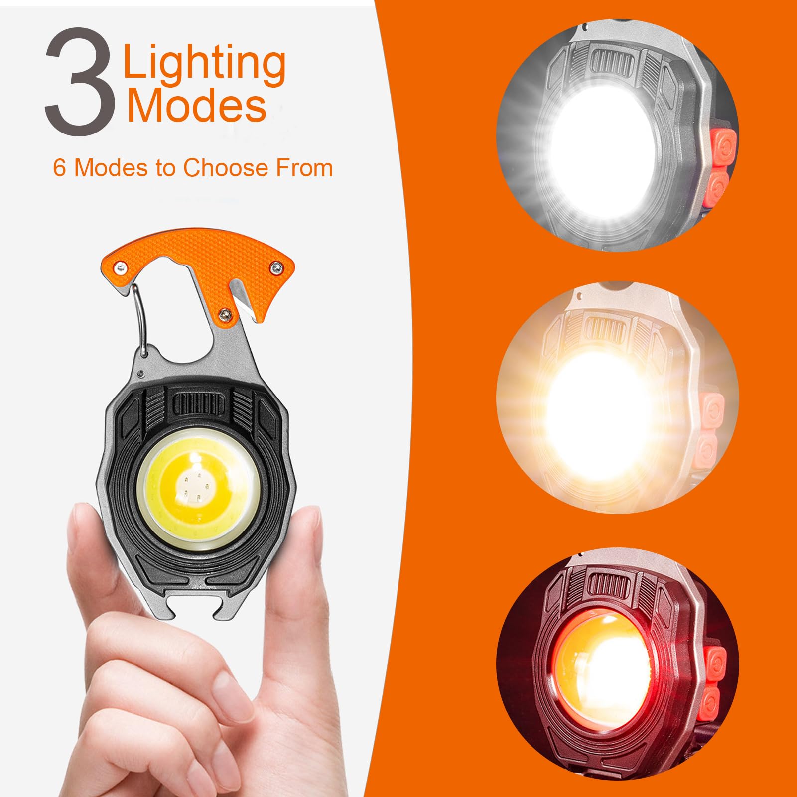 Goioj 2Pcs 6 In 1 Cob Keychain Mini Work Light Flashlight Multifunction Portable Pocket 500 Lumens Flashlight With Electric Lighter, Seat Belt Cutter, Screwdriver, Whistle (Orange)