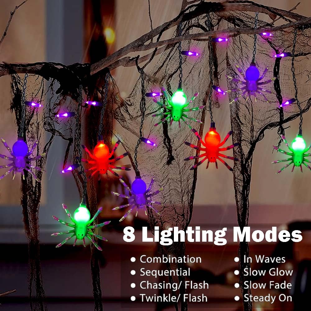 Smatols Solar Halloween Spider String Lights, 12Ft Decorations With 10 Spiders And 15 Purple Mini Lights, Curtain For Outdoor Window Patio Stair Decor