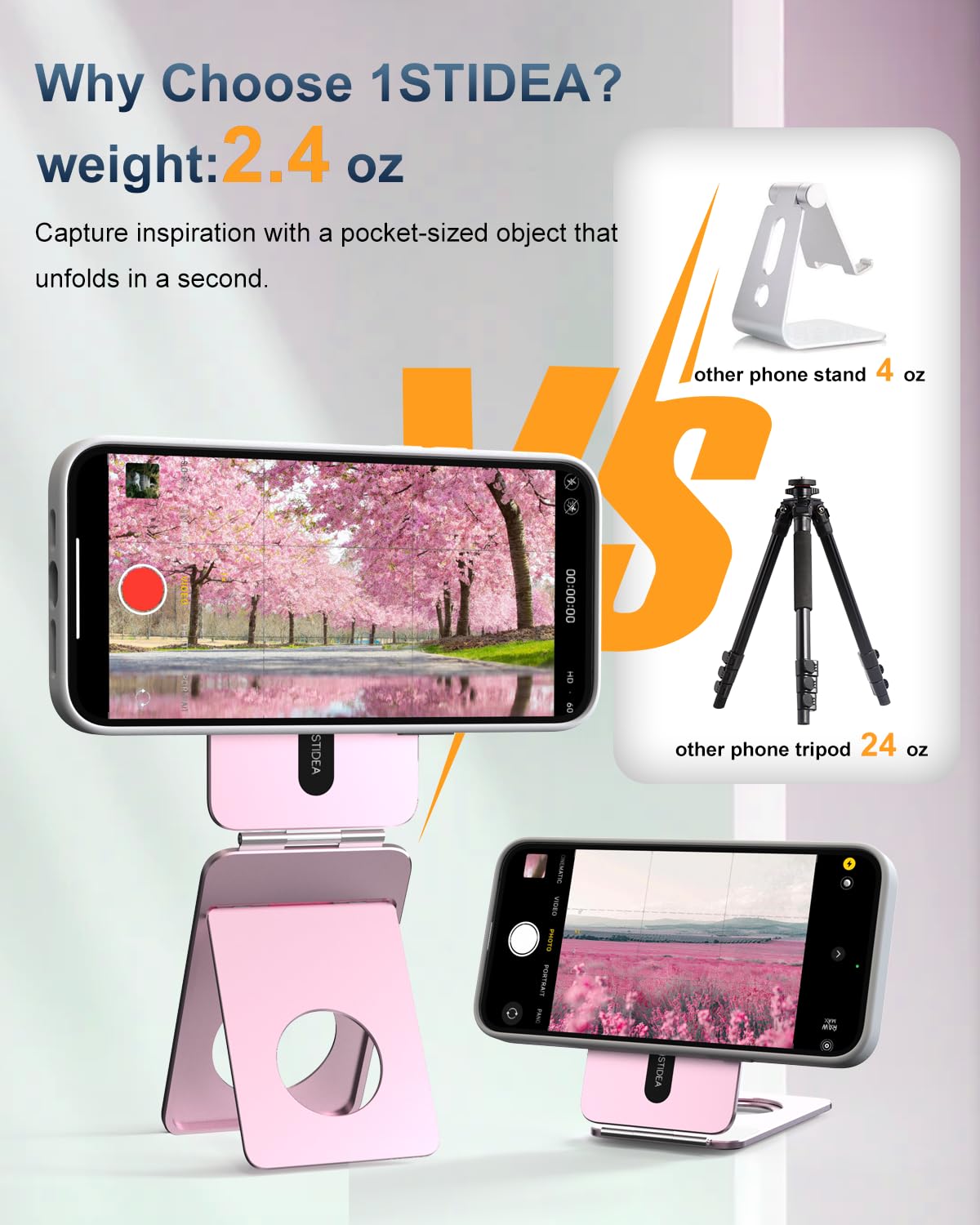 1St Idea Phone Tripod Stand, Aluminum Alloy Mini Tripod Compatible With Magsafe Iphone 16/15/14/13/12 Series, Foldable Strong Magnetic Phone Stand, Mult-Angle Adjustment Selfie Stick (Pink)