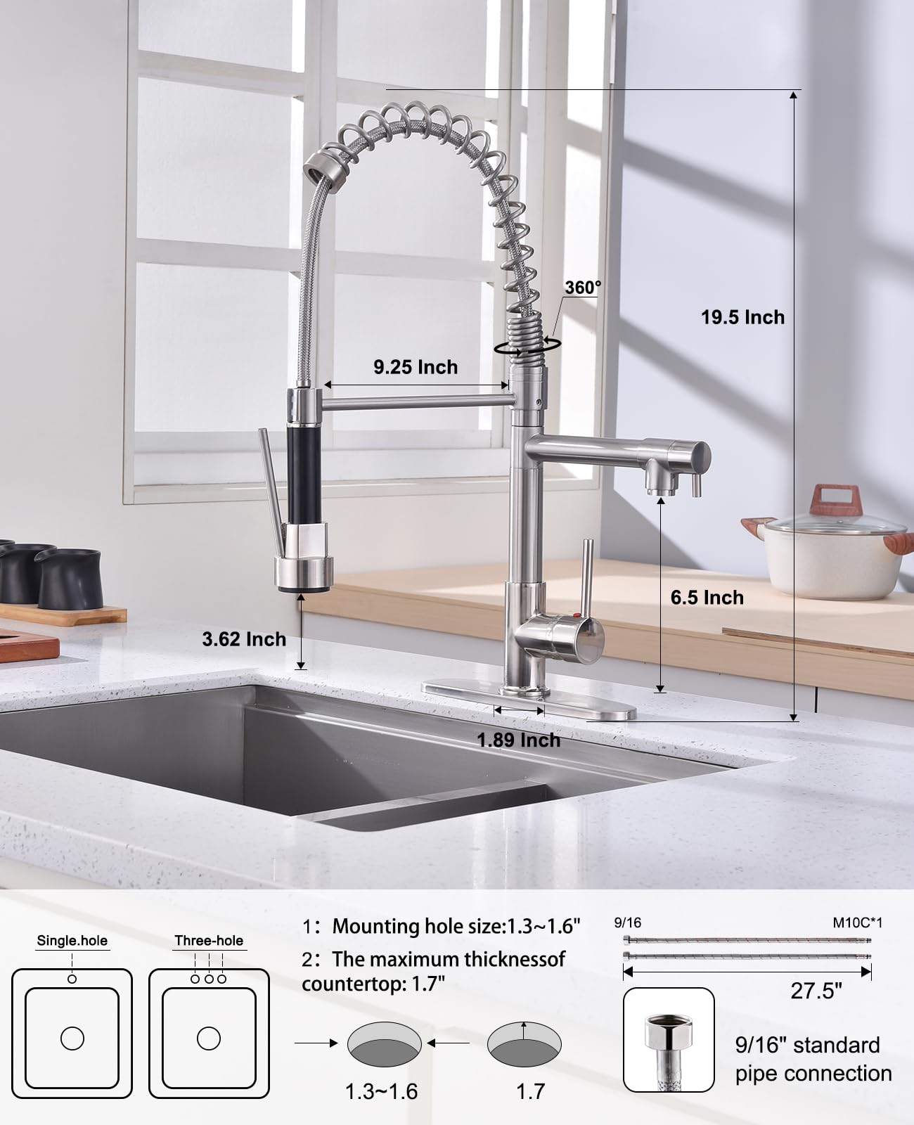 Jafeton Commercial Kitchen Faucet, High Pressure Industrial Kitchen Sink Faucet With Pull Down Sprayer, Double-Headed Stainless Steel Single Handle Kitchen Faucets 19.5" Height, 1 Or 3 Hole For All Kitchen