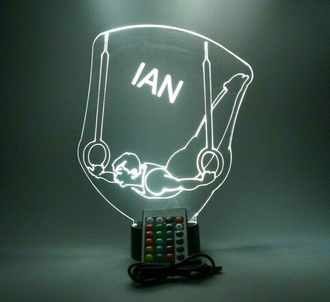 Mirror Mania Gymnast Night Light Up Table Lamp Led Personalized Name Engraved Male Boy Still Rings Gymnastics - It'S Wow, Comes With Remote, 16 Color Changing Options
