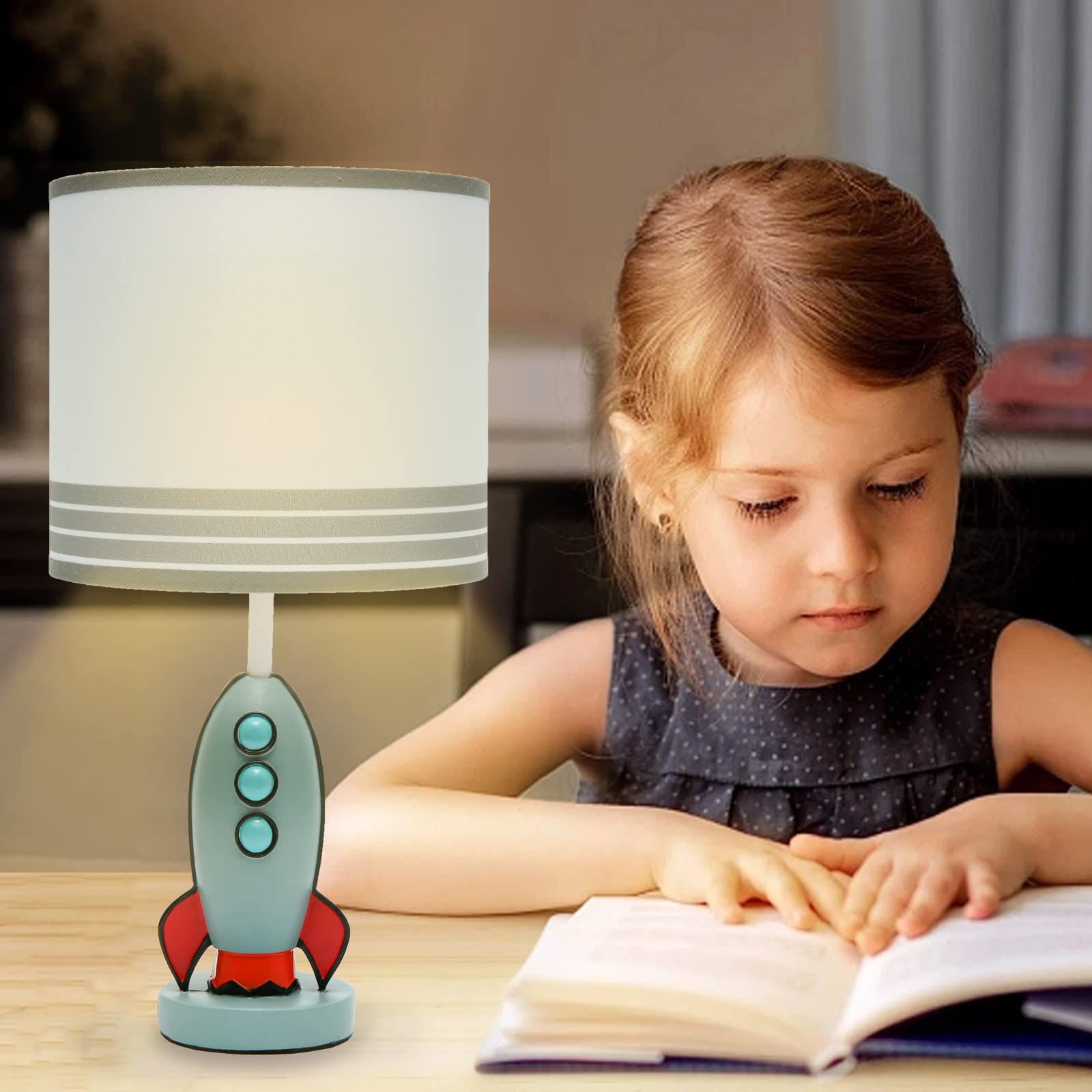 Herbestbay Kids Bedside Table Lamp, Adorable 14 Inch Rocket Ship Design With Cute Lampshade, Space Lamp Ideal For Children'S Bedroom Decor, Includes Led Bulb