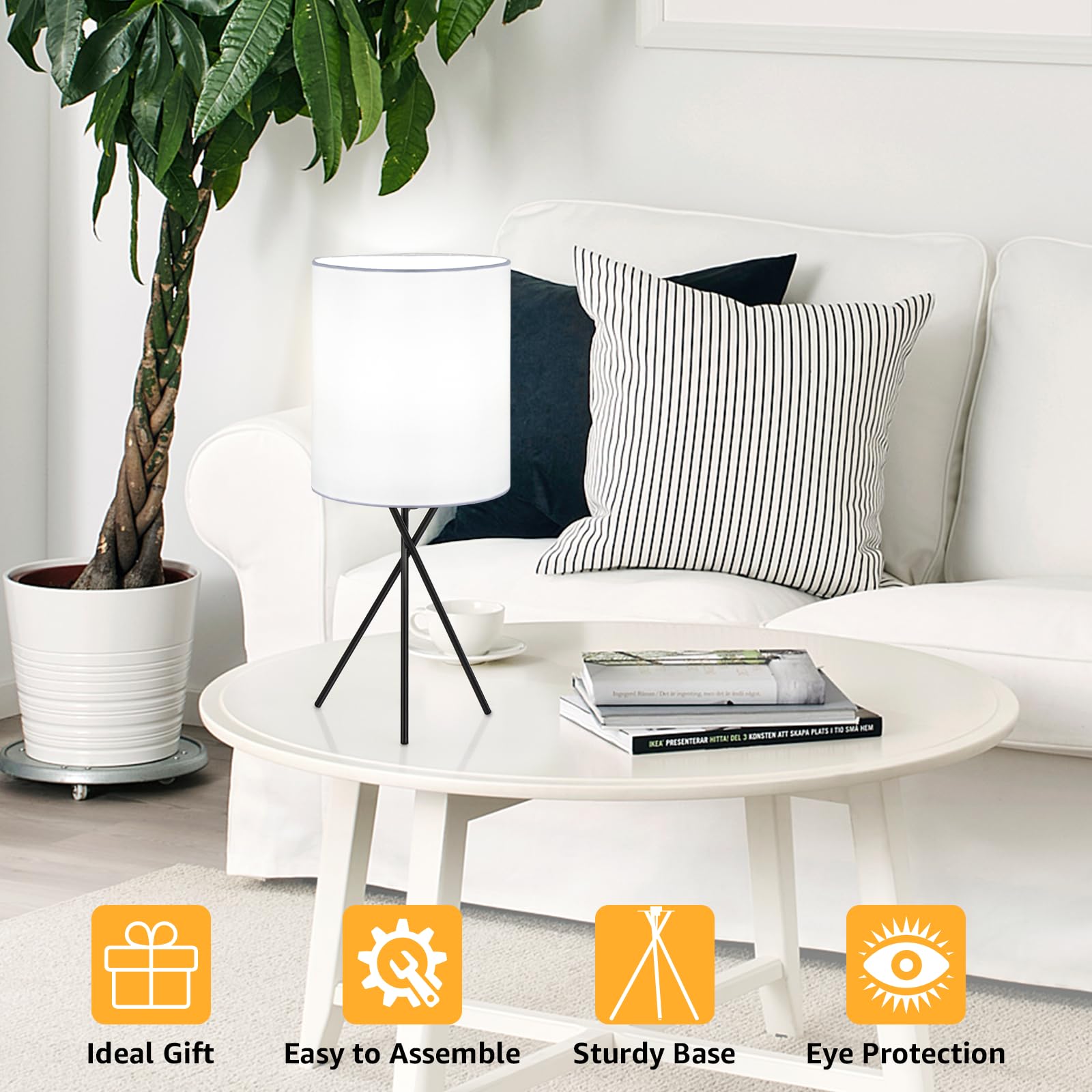 Folksmate Bedside Table Lamp With Black Metal Base, Modern Small Desk Lamp, Nightstand Light Fixture With White Lampshade, Home Living Room Bedroom Office, Bulb Not Included