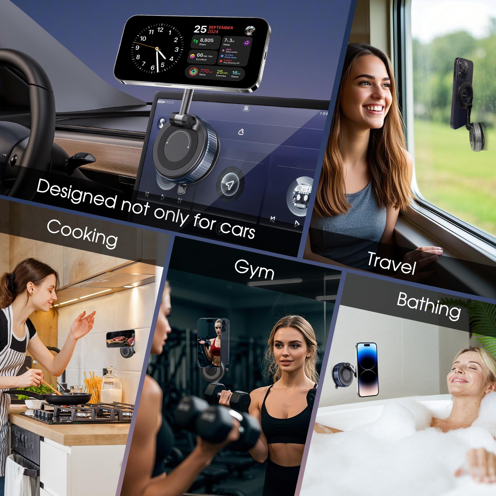 Lunturn 360° Rotatable Vacuum Magnetic Phone Holder, Foldable And Retractable Suction Cup Car Phone Mount For Car/Gym/Mirror/Smooth Surface, Compatible With Iphone Android And All Smartphones (Black)