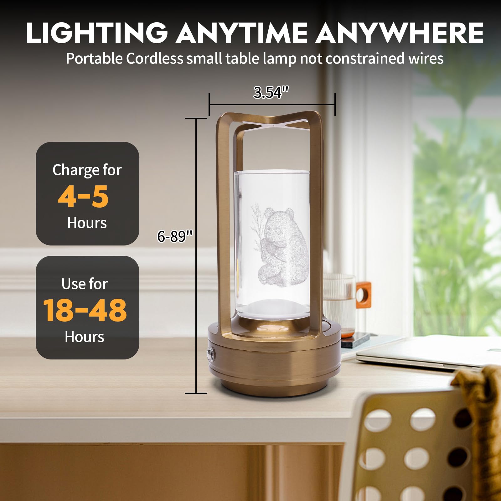 Amomket 3D Panda Projection Table Lamp - Rechargeable Cordless Night Light With Touch Control, 3 Color Modes Ambient Lighting For Bedroom Desk Nightstand (Portable Mood Lamp For Kids Adults)