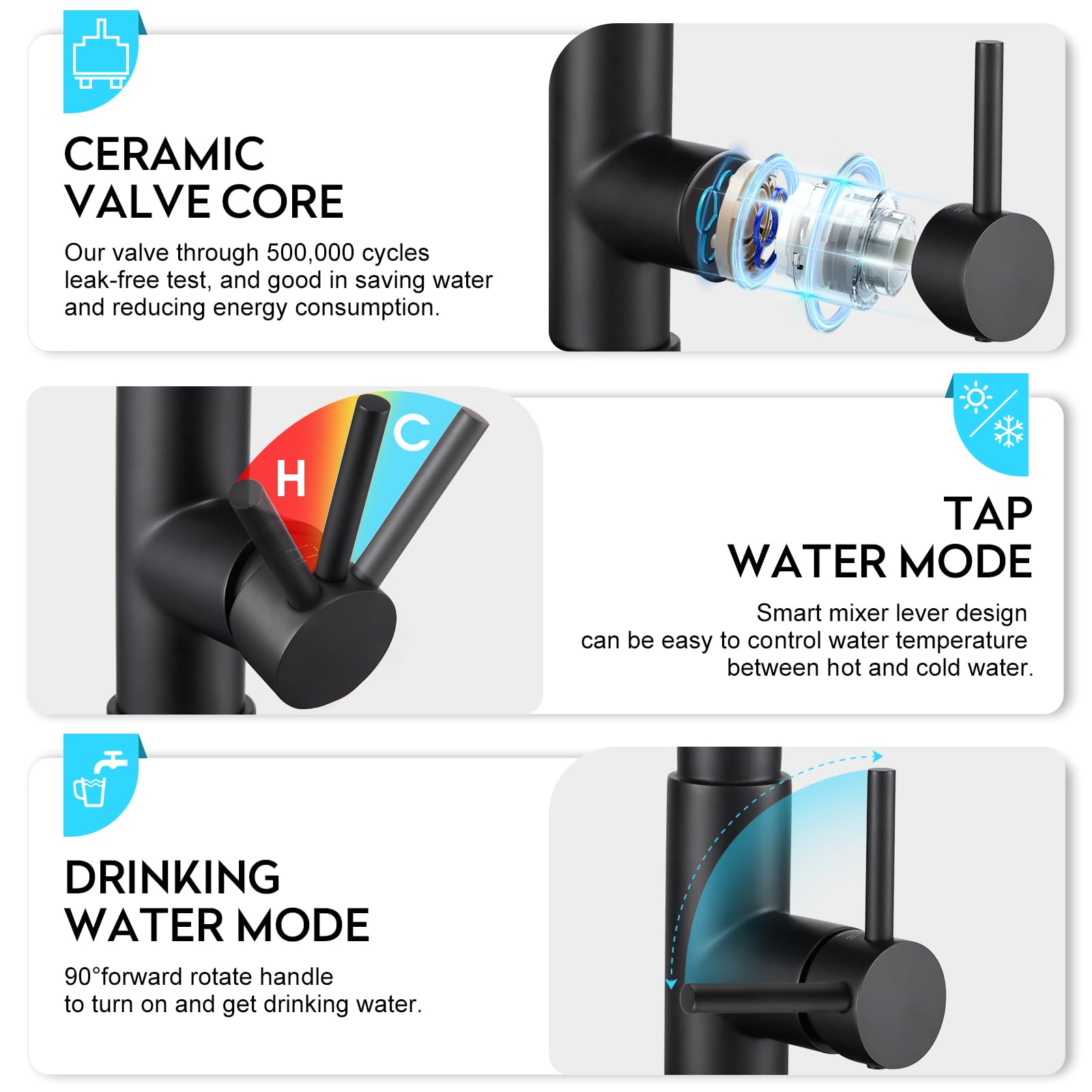 Crea Kitchen Faucets With Water Filter Faucet Buil-In,3 Way Drinking Water Faucet For Kitchen Sink,Black Kitchen Faucet With Pull Down Sprayer,Rotatable Spring Gooseneck Stainless Steel Single Handle