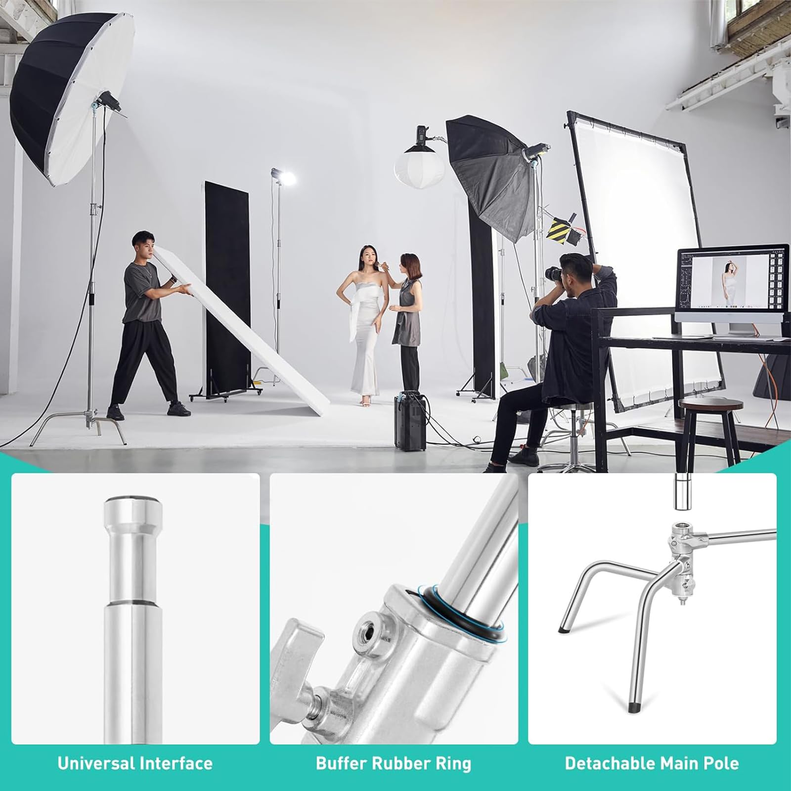 Lapgood Stainless Steel Heavy Duty C-Stand With Boom Arm,10.8Ft/330Cm Adjustable Photography Stand With 4.2Ft/128Cm Holding Arm,2 Grip Head,Sandbag,Storage Bag For Studio Monolight, Softbox, Reflector