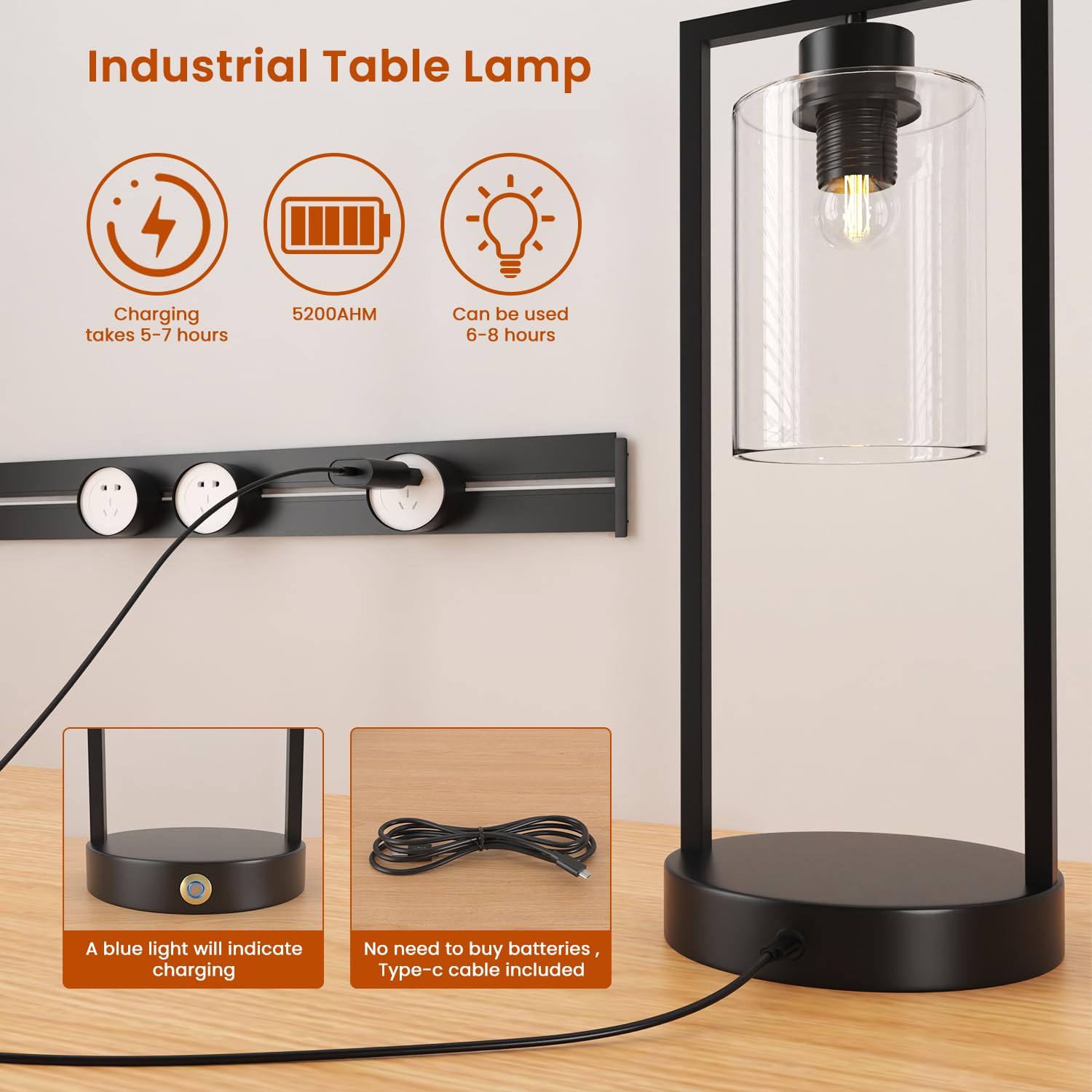Lgmcf Set Of 2 Industrial Table Lamps With Led Bulbs – Rechargeable Touch Control Bedside Lamps, Fully Stepless Dimmable Nightstand Lamps, Battery-Powered Desk Lamps For Bedroom & Living Room