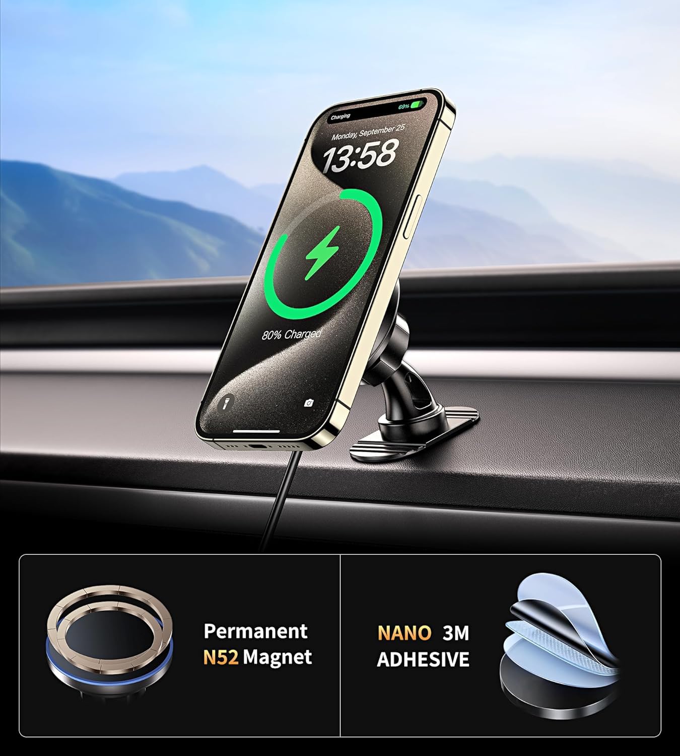 Bhhb For Iphone 16 Magsafe Car Mount Charger, [ ] 15W 2In1 Magnetic Wireless Car Charger, Fits For Magsafe Car Charger, Vent/Dashboard Phone Holder Mount For Iphone 16 15 14 13 12 Series