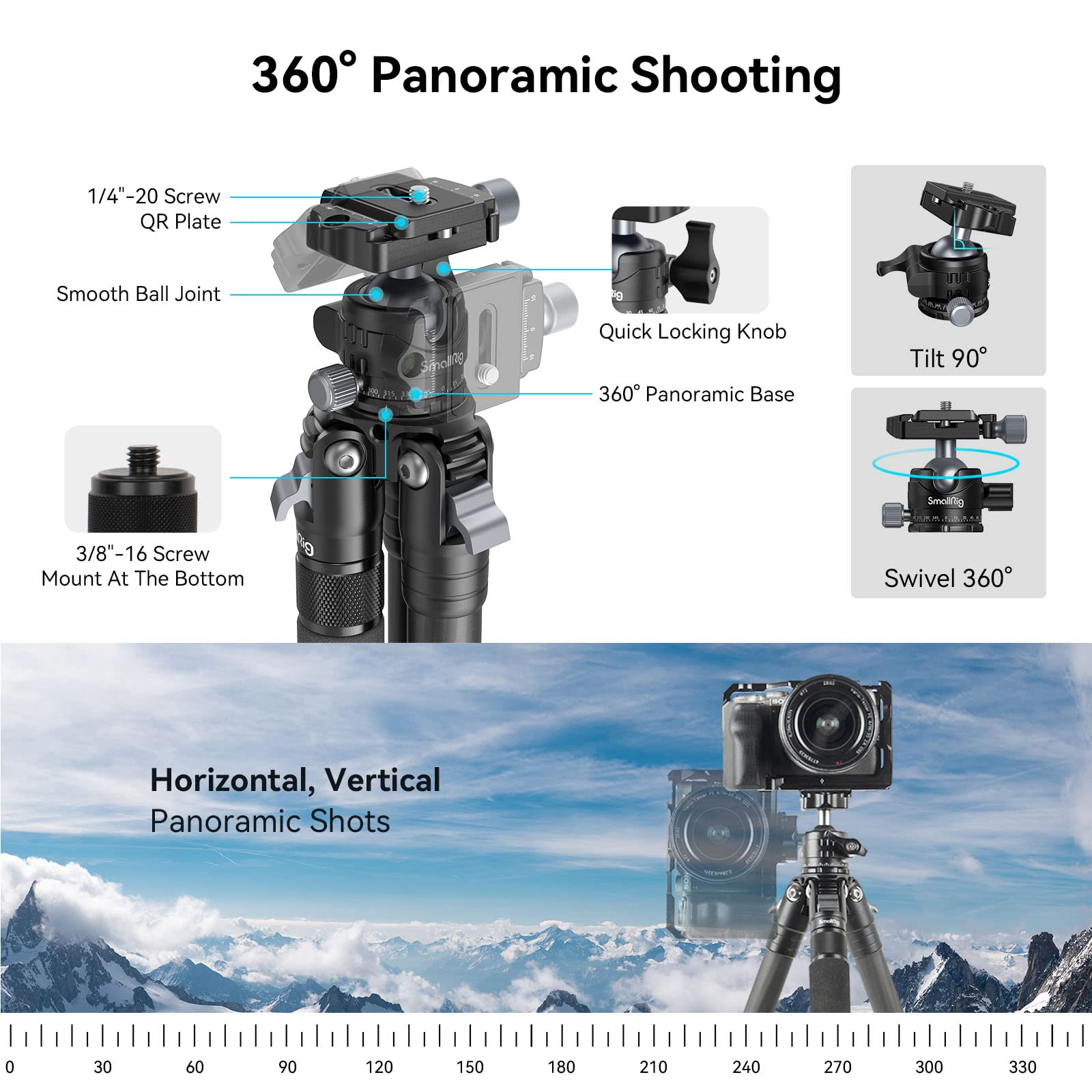 Smallrig Ap-10 Carbon Fiber Tripod, 52.4" Lightweight Compact Camera Tripod With Detachable Monopod, 360° Ball Head, Quick Release Plate, Payload 26.5 Lbs, For Canon For Sony, Dslr Camera, Phone-4060
