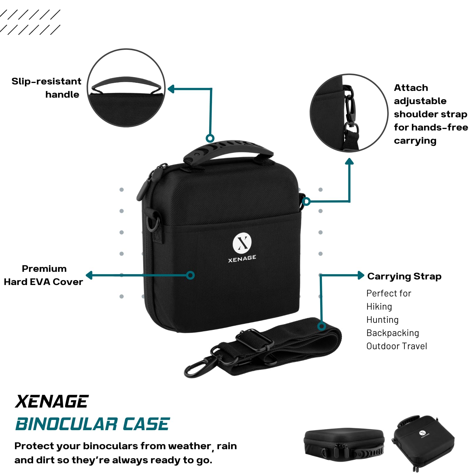 Xenage Binocular Case With Heavy-Duty Water-Resistant Hard Eva Cover (7X7X2.5”) Carry Handle, And Carrying Strap For Hiking, Hunting, Backpacking, Outdoor Travel, Rugged And Compact Cover