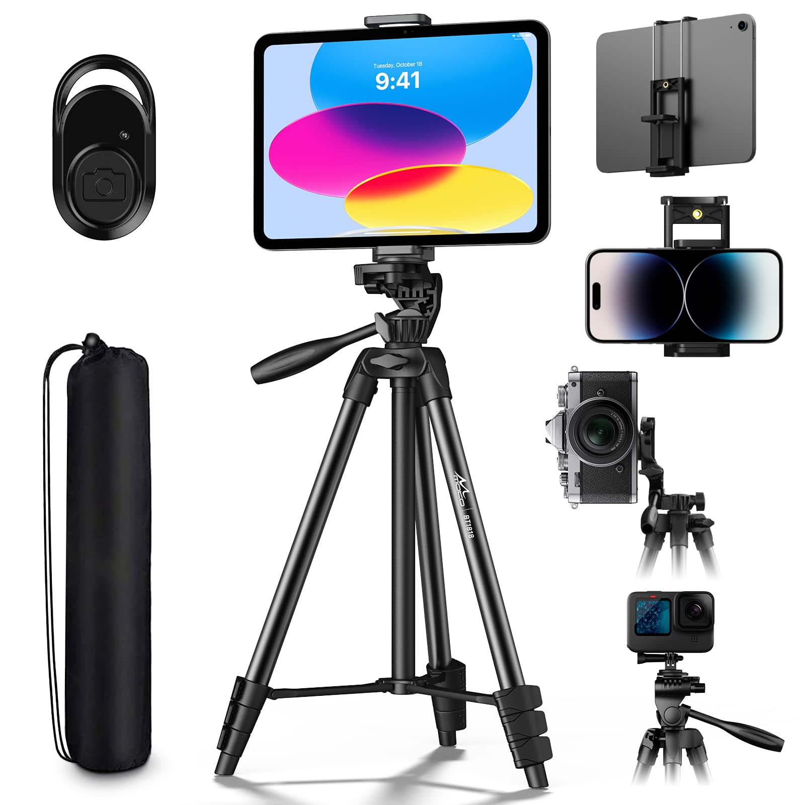 Moko 60" Camera Tripod For Canon Nikon, Lightweight Aluminum Dslr Camera Stand Holder With Carrying Bag, Universal Phone Tablet Mount And Wireless Remote, Max Load 6.61 Lbs, Black