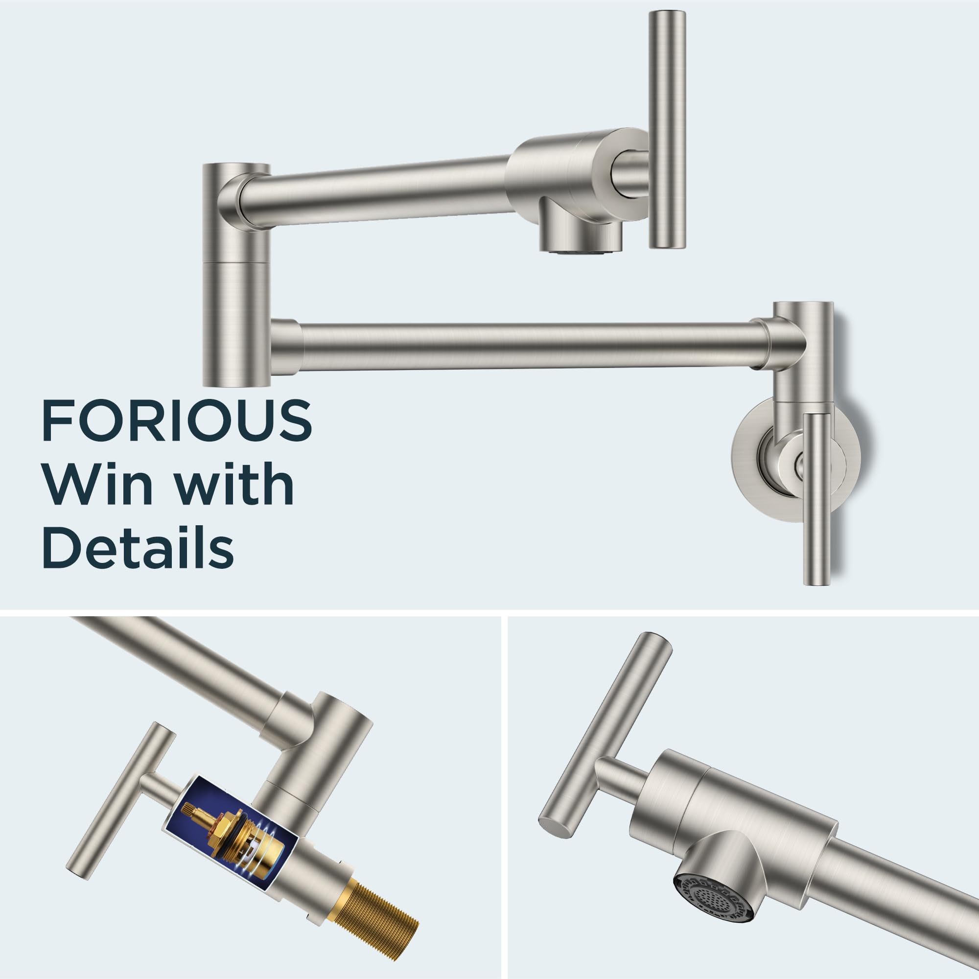 Forious Brushed Nickel Pot Filler Faucet Over Stove, Solid Brass Modern Wall Mount Commercial Folding Faucet With Stretchable Double Joint Swing Arms For Kitchen Restaurant